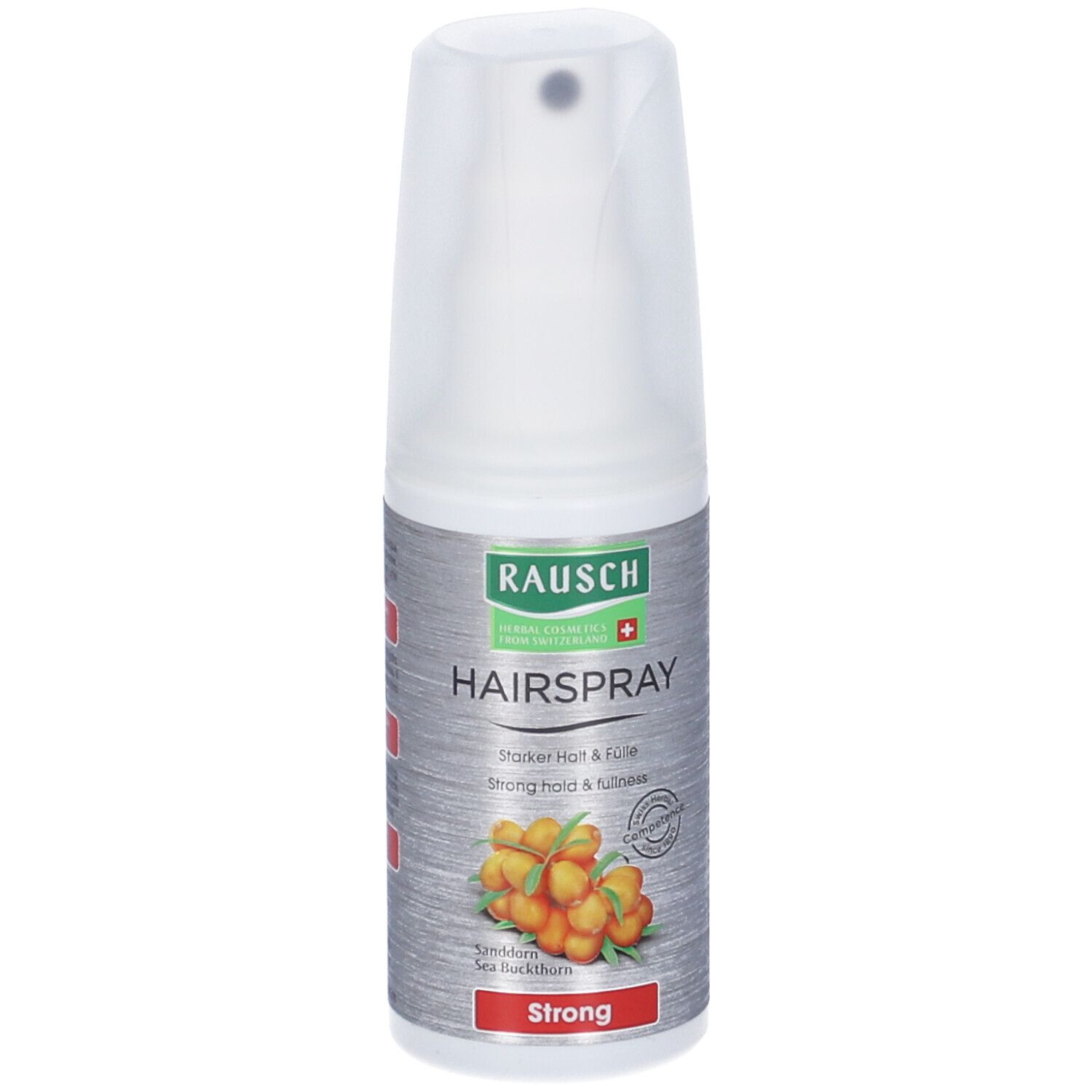 Flacone di lacca per capelli RAUSCH con vaporizzatore. Testo: Hairspray Strong, Olivello spinoso. Colori grigio e bianco.
