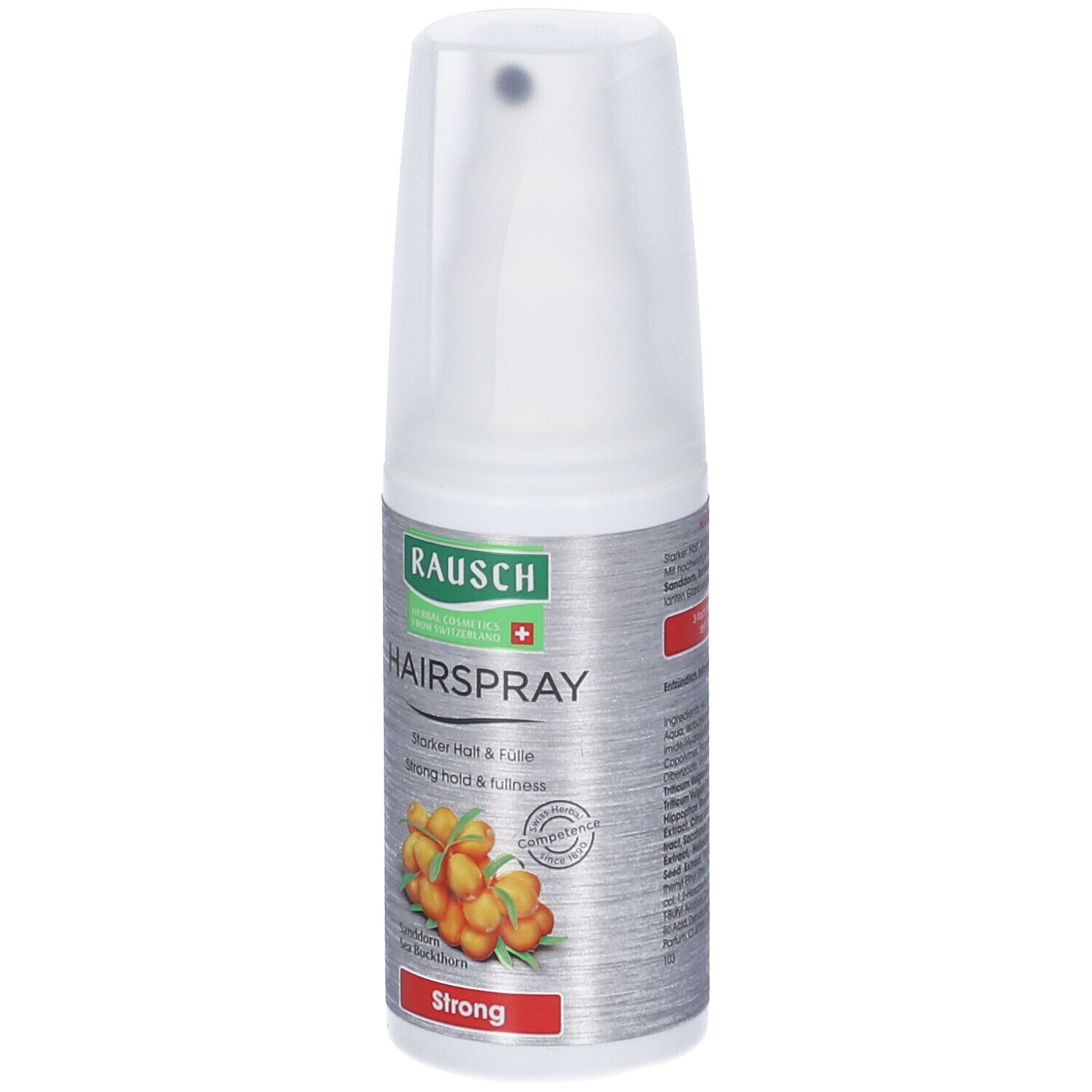 Flacone di lacca per capelli RAUSCH con vaporizzatore. Testo: Hairspray Strong, Olivello spinoso. Colori grigio e bianco.