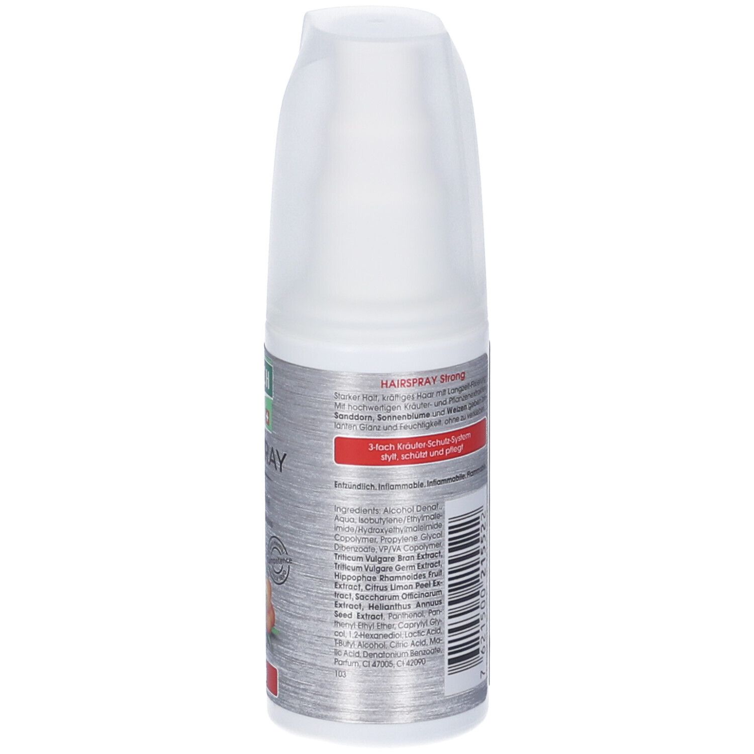 Retro del flacone di lacca. Testo: RAUSCH, Hairspray Strong, ingredienti, 50ml. Colori grigio e bianco.