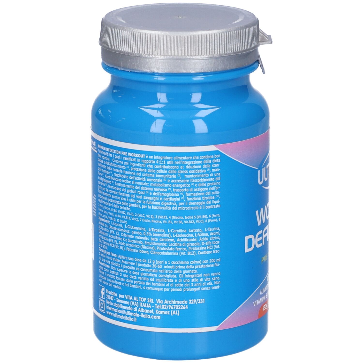 Retro del barattolo blu. Testo con ingredienti e istruzioni per l'uso. Coperchio argento.