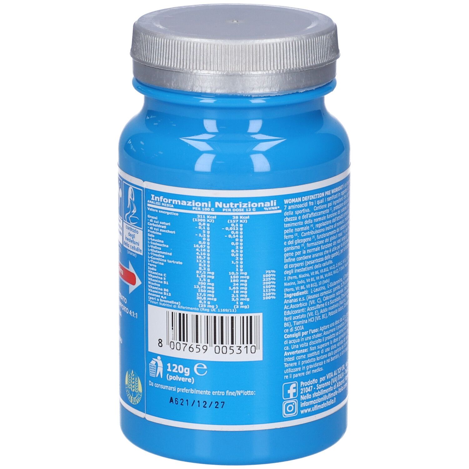 Retro del barattolo blu. Informazioni nutrizionali e codice a barre. Coperchio argento. 120g.