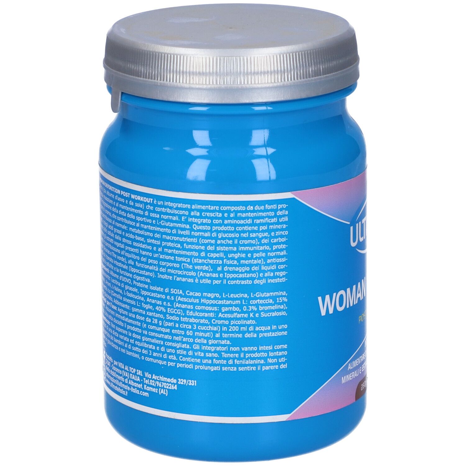 Barattolo blu con coperchio argentato. Retro con testo. Scritta: Ultimate, Woman Definition. 280g Cacao.
