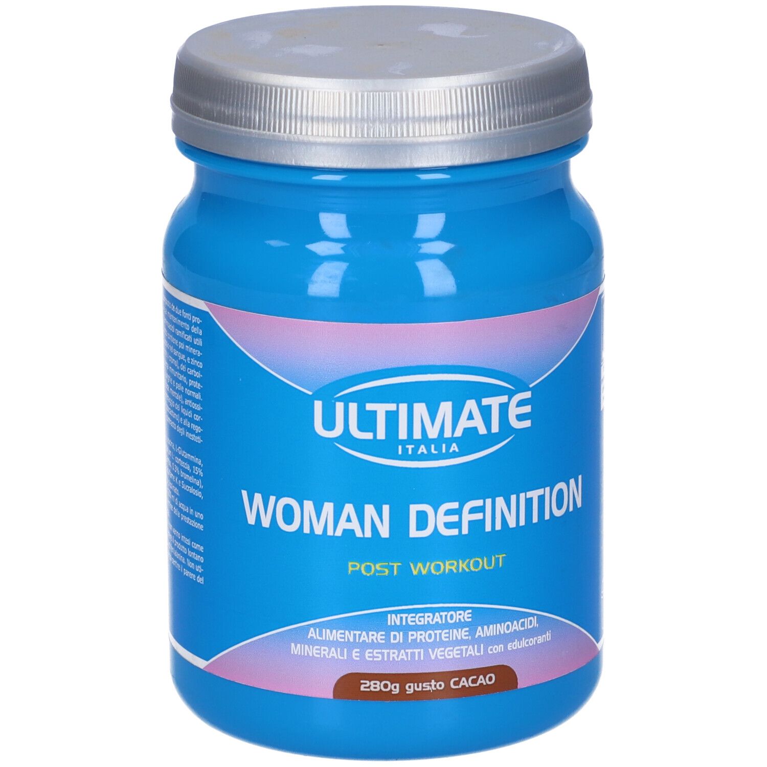 Barattolo blu con coperchio argentato. Scritta: Ultimate, Woman Definition, Post Workout. 280g Cacao.