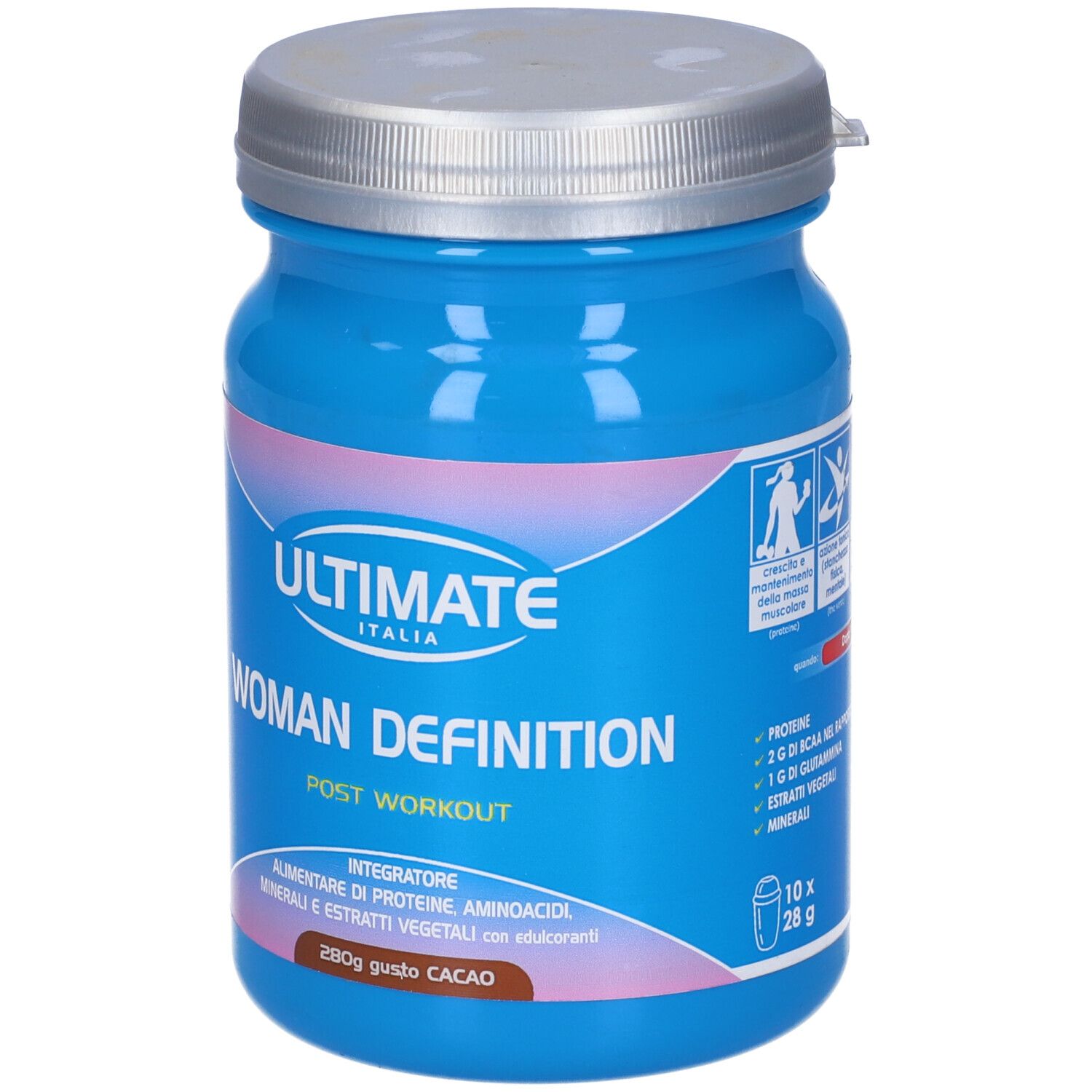Barattolo blu con coperchio argentato. Scritta: Ultimate, Woman Definition, Post Workout. 280g Cacao.
