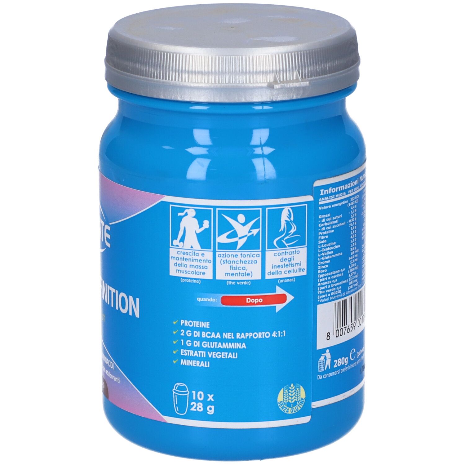 Barattolo blu con coperchio argentato. Scritta: Ultimate, Woman Definition. 280g Cacao. 10x28g porzioni.