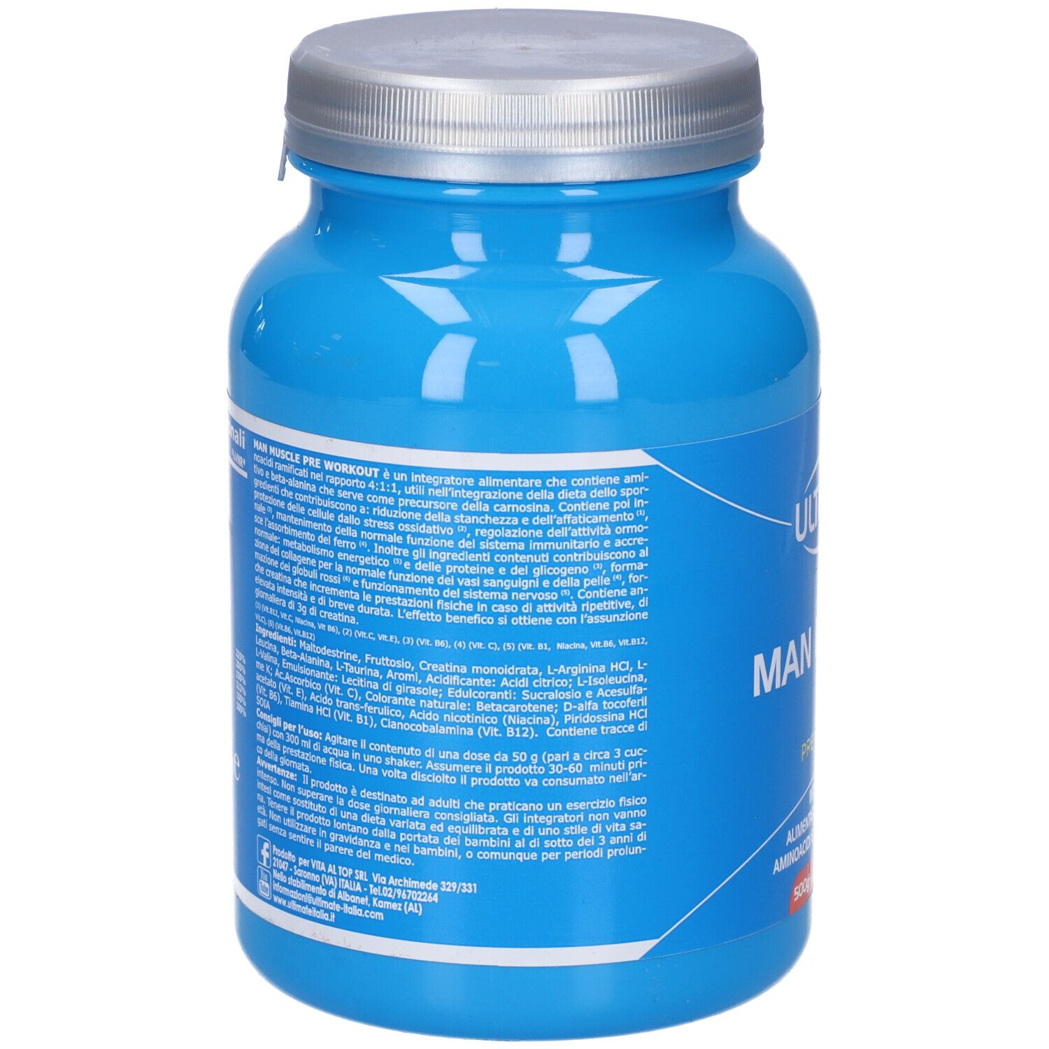 Barattolo blu con coperchio argentato. Retro con testo. Contiene ingredienti e informazioni nutrizionali.