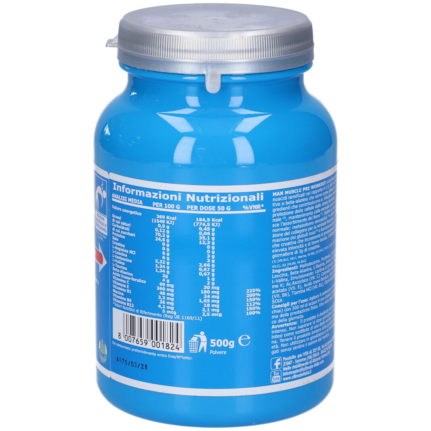 Barattolo blu con coperchio argentato. Retro con informazioni nutrizionali. Testo e tabelle.