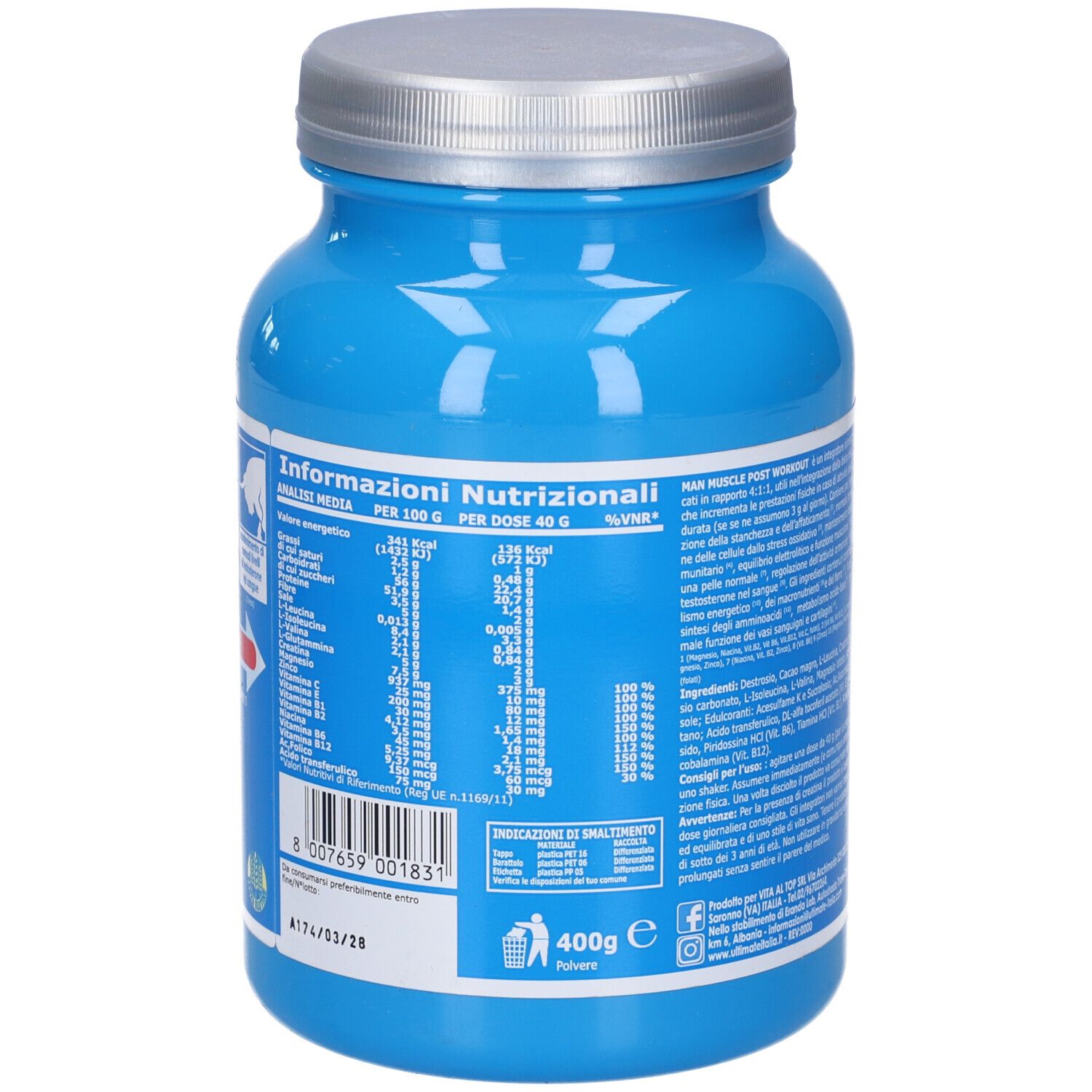Barattolo blu con coperchio argentato. Retro con informazioni nutrizionali. Scritta: Ultimate Italia, Man Muscle, Post Workout. 400g.