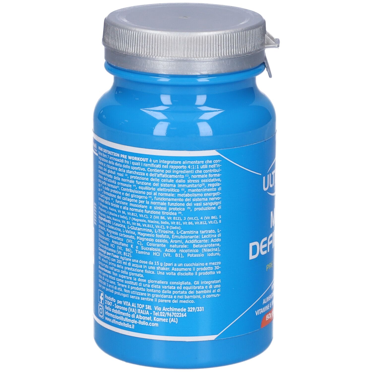 Retro del barattolo blu. Testo in italiano. Contiene ingredienti e informazioni.