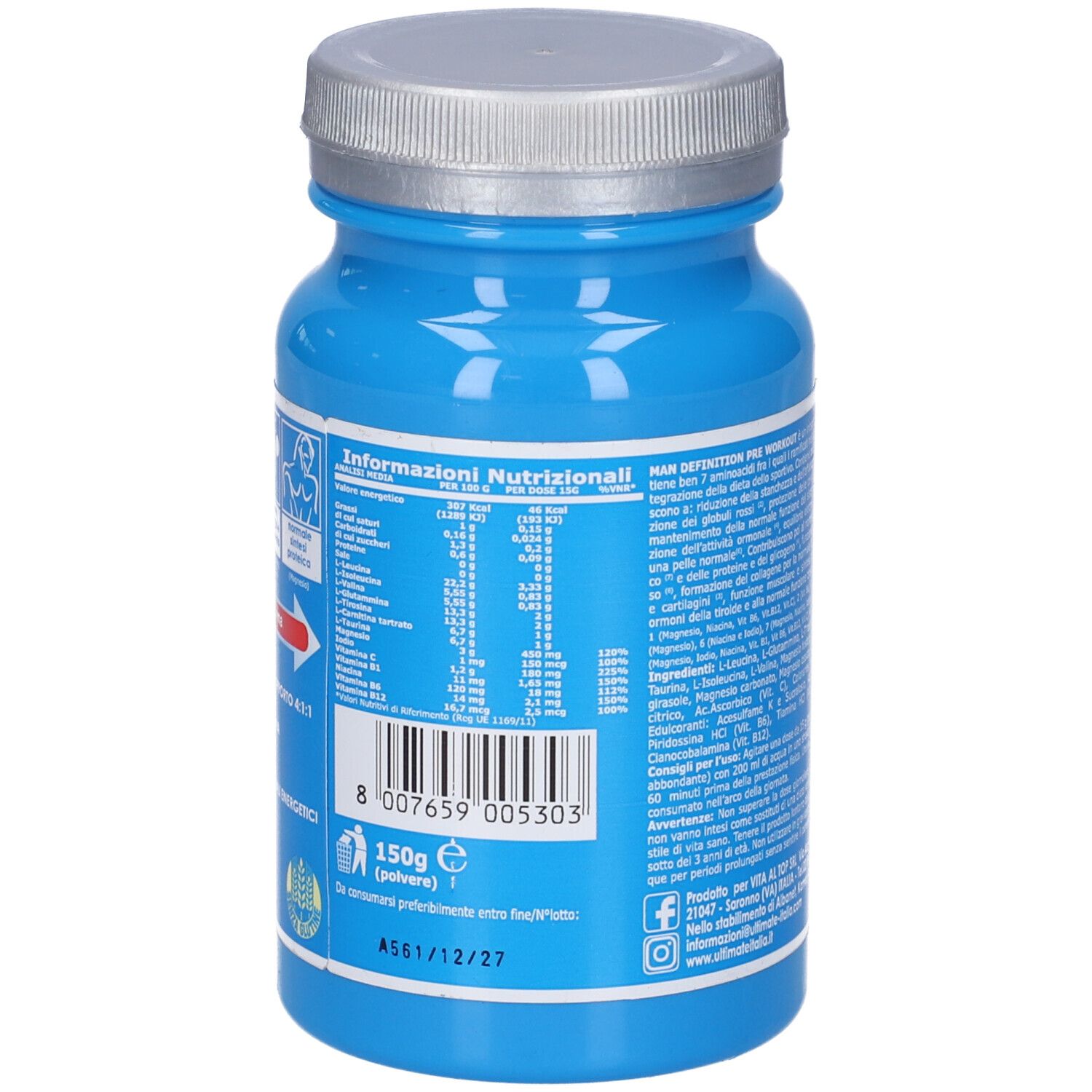 Retro del barattolo blu. Contiene informazioni nutrizionali e codice a barre. 150g.