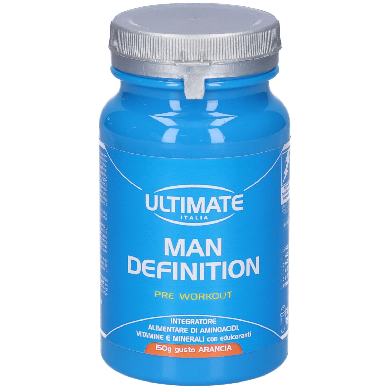 Barattolo blu con coperchio argentato. Scritta: ULTIMATE, MAN DEFINITION, PRE WORKOUT. 50g Arancia.