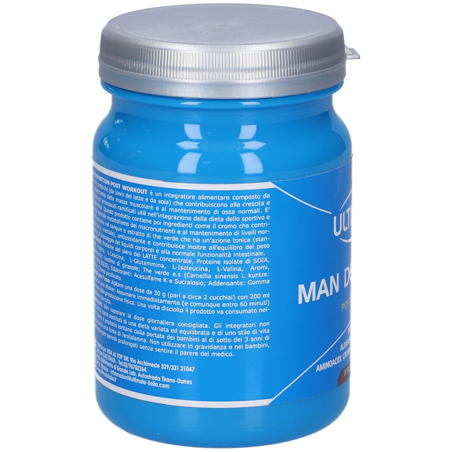 Barattolo blu con coperchio argentato. Testo in italiano. Contiene informazioni nutrizionali e ingredienti.