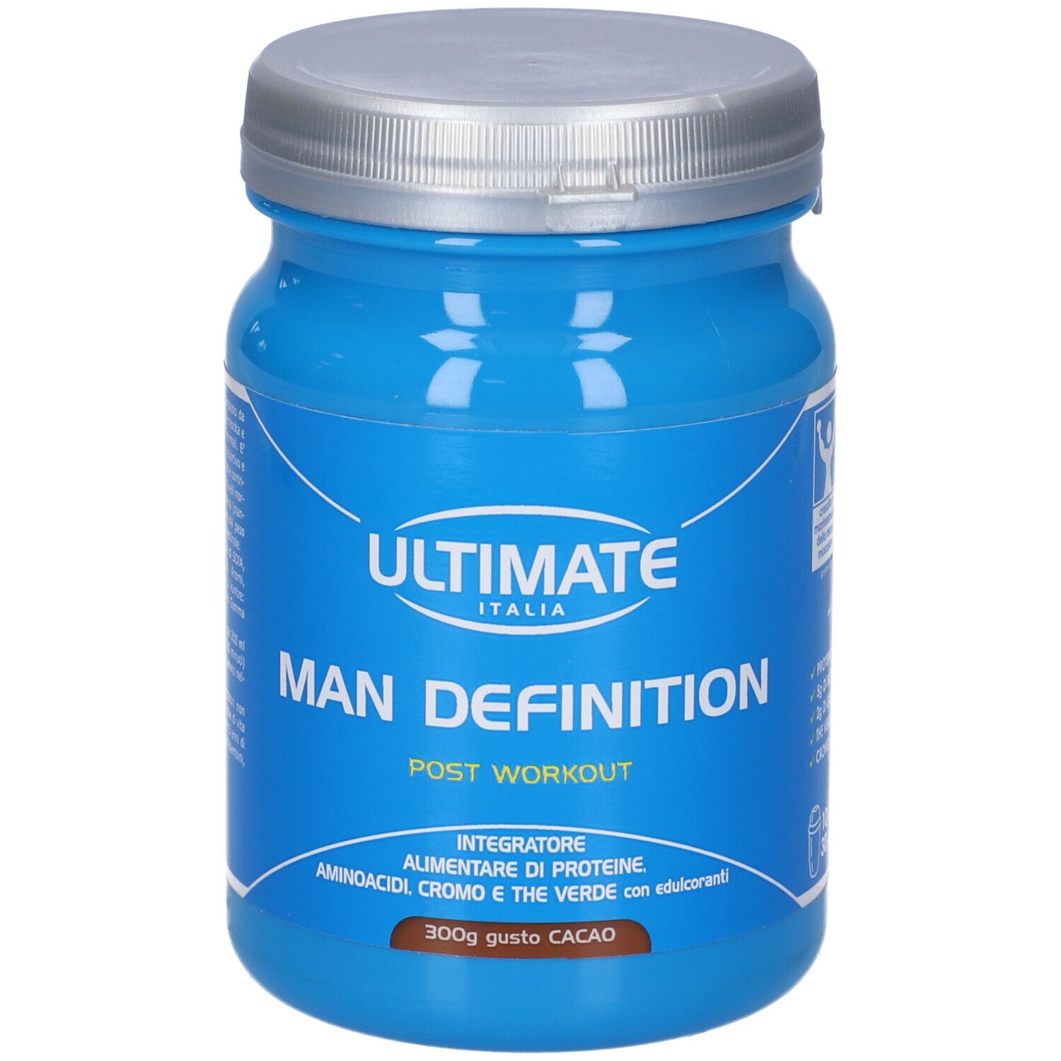 Barattolo blu con coperchio argentato. Scritta: ULTIMATE, MAN DEFINITION, POST WORKOUT. 10x30g.
