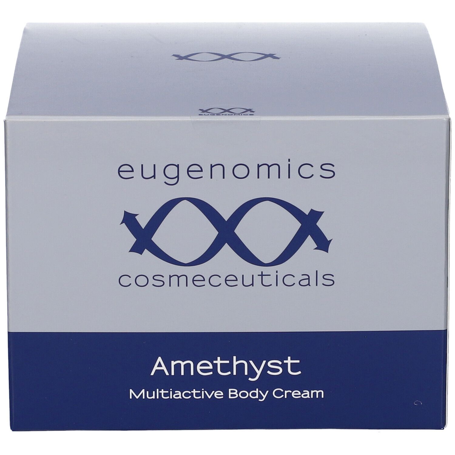 Scatola "Eugenomics" con nome prodotto "Amethyst". Colori blu e grigio. Confezione cosmetica.