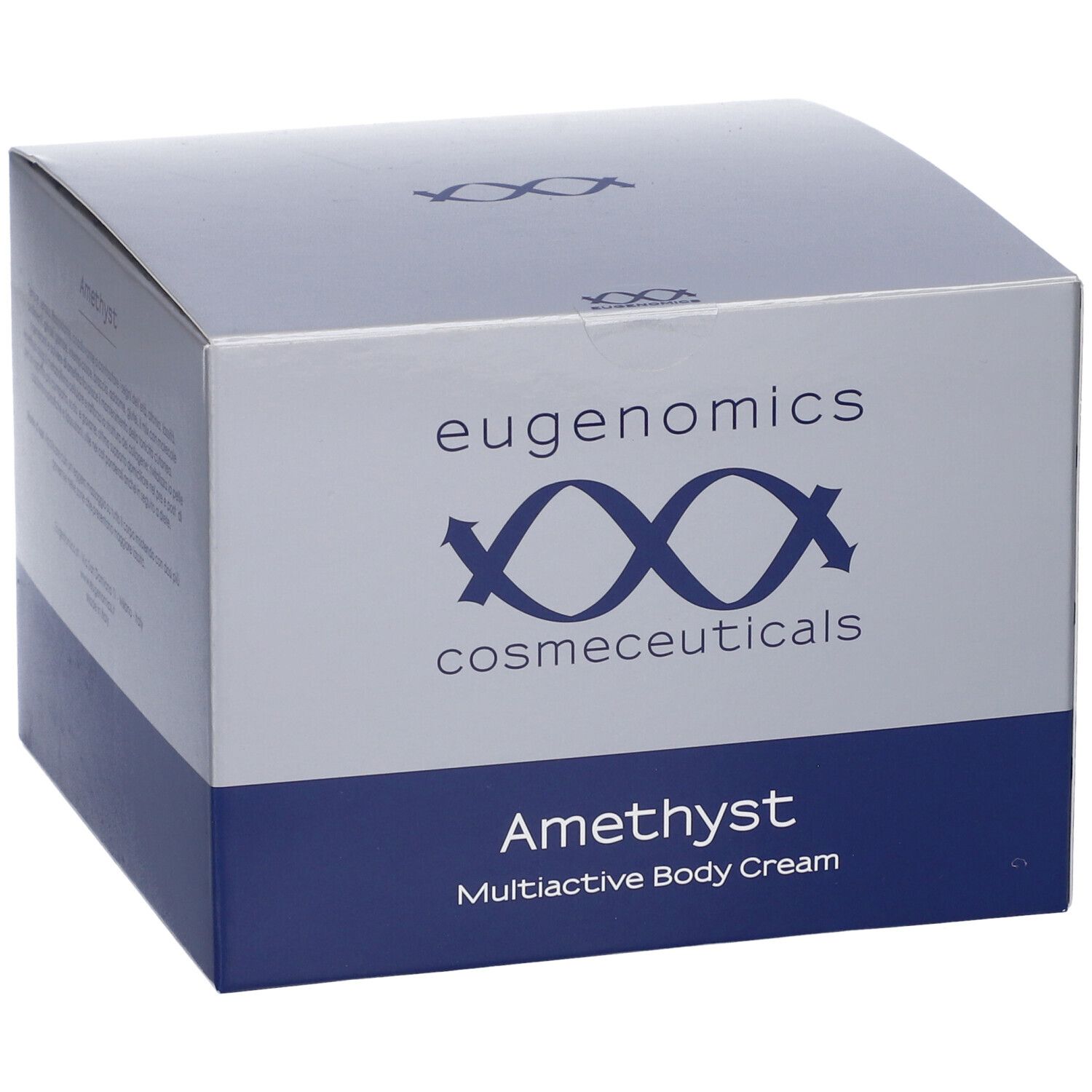 Scatola "Eugenomics" con nome prodotto "Amethyst". Colori blu e grigio. Confezione cosmetica.
