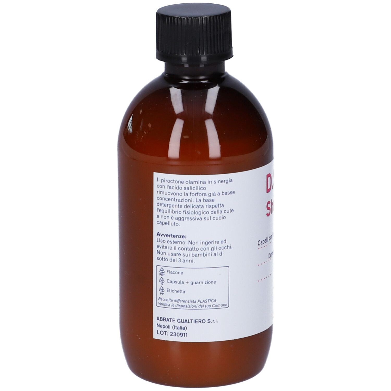 Retro del flacone marrone con tappo nero. Etichetta con testo e avvertenze. Informazioni del produttore.