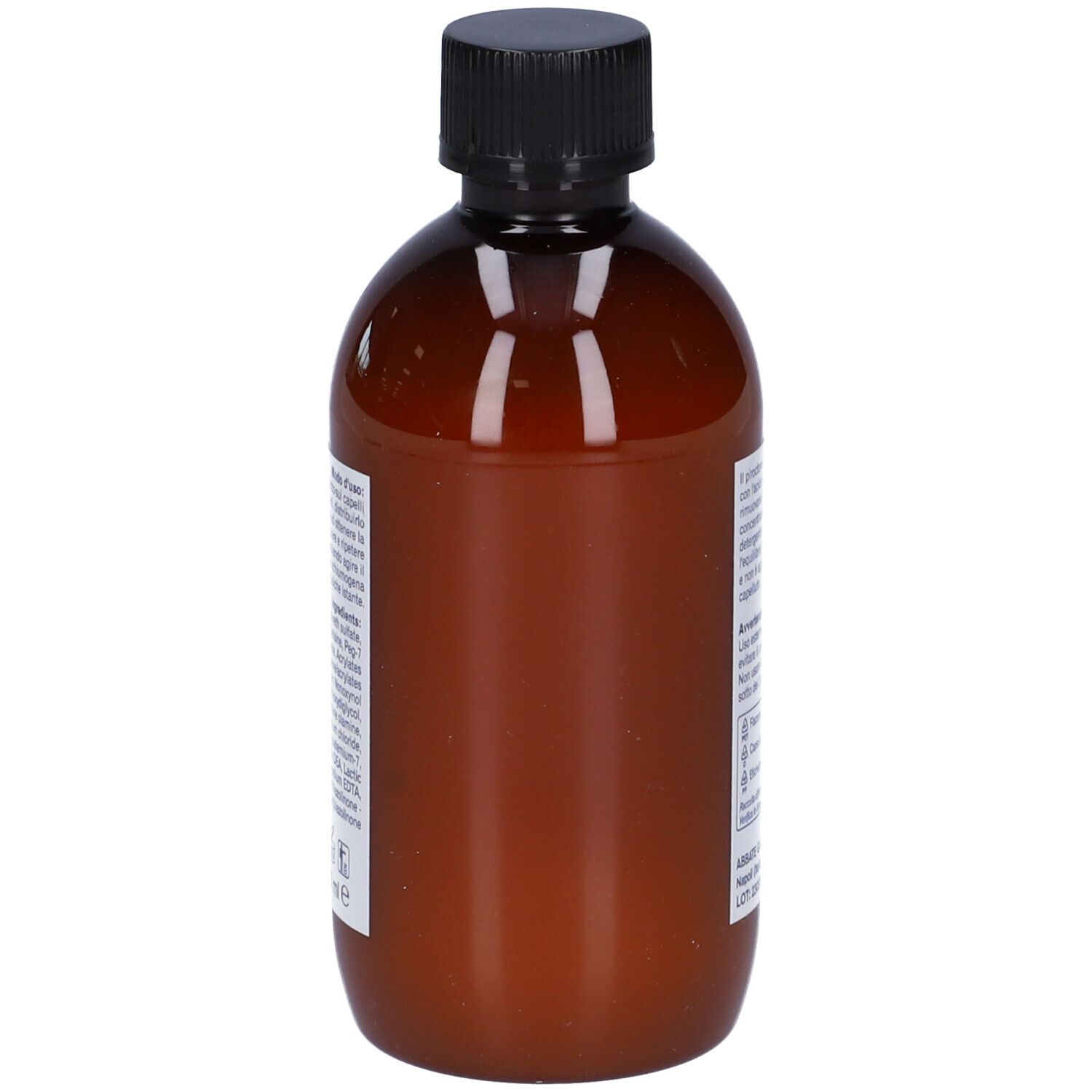 Flacone marrone con tappo nero. Vista posteriore. Etichetta con testo.