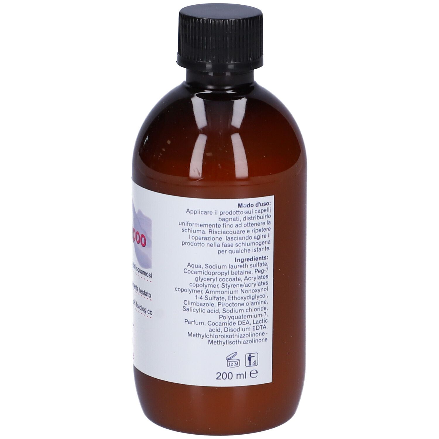 Flacone marrone con tappo nero. Etichetta con ingredienti e istruzioni per l'uso. Volume: 200 ml.