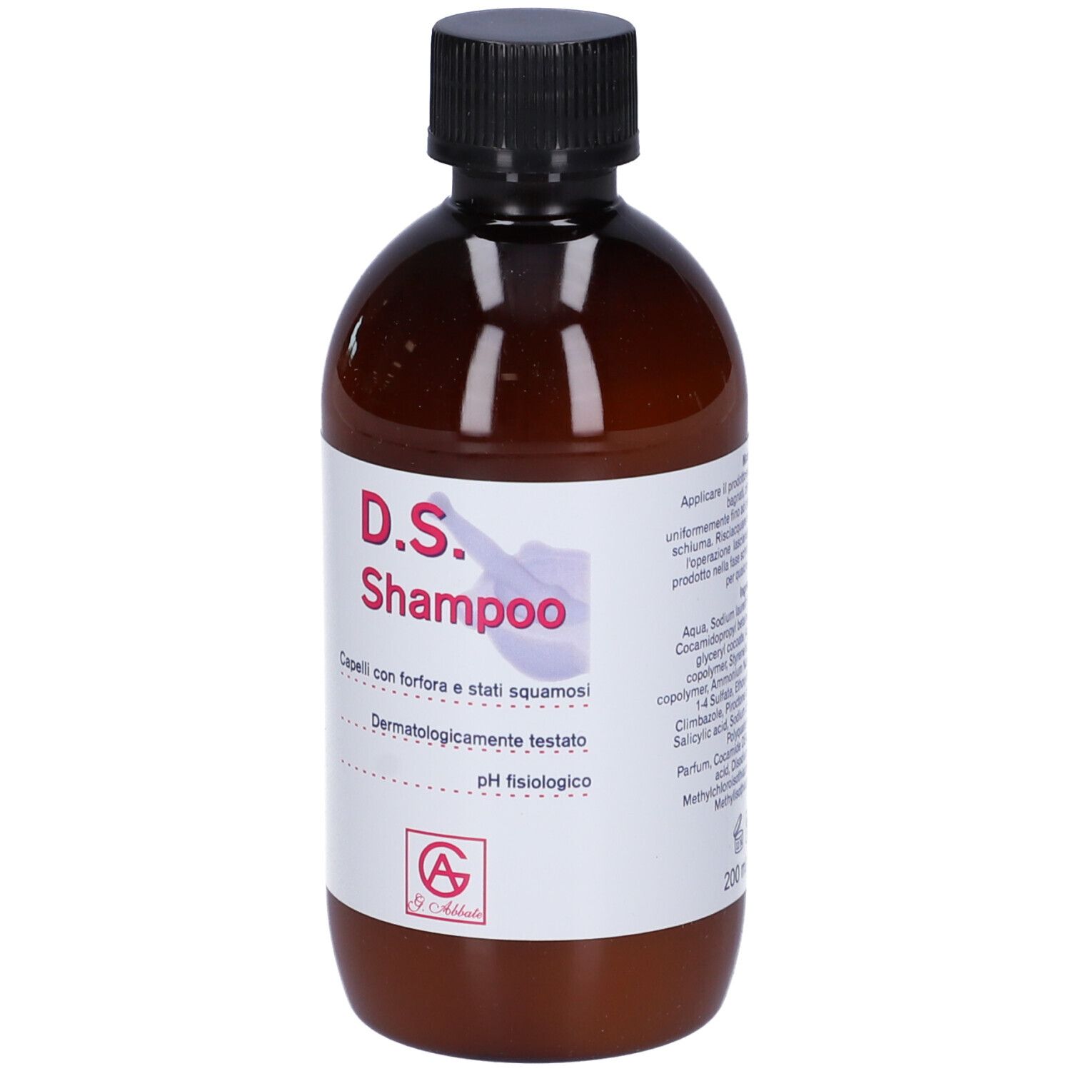 Flacone marrone con tappo nero. Etichetta con testo: D.S. Shampoo. Per forfora e stati squamosi. Dermatologicamente testato.