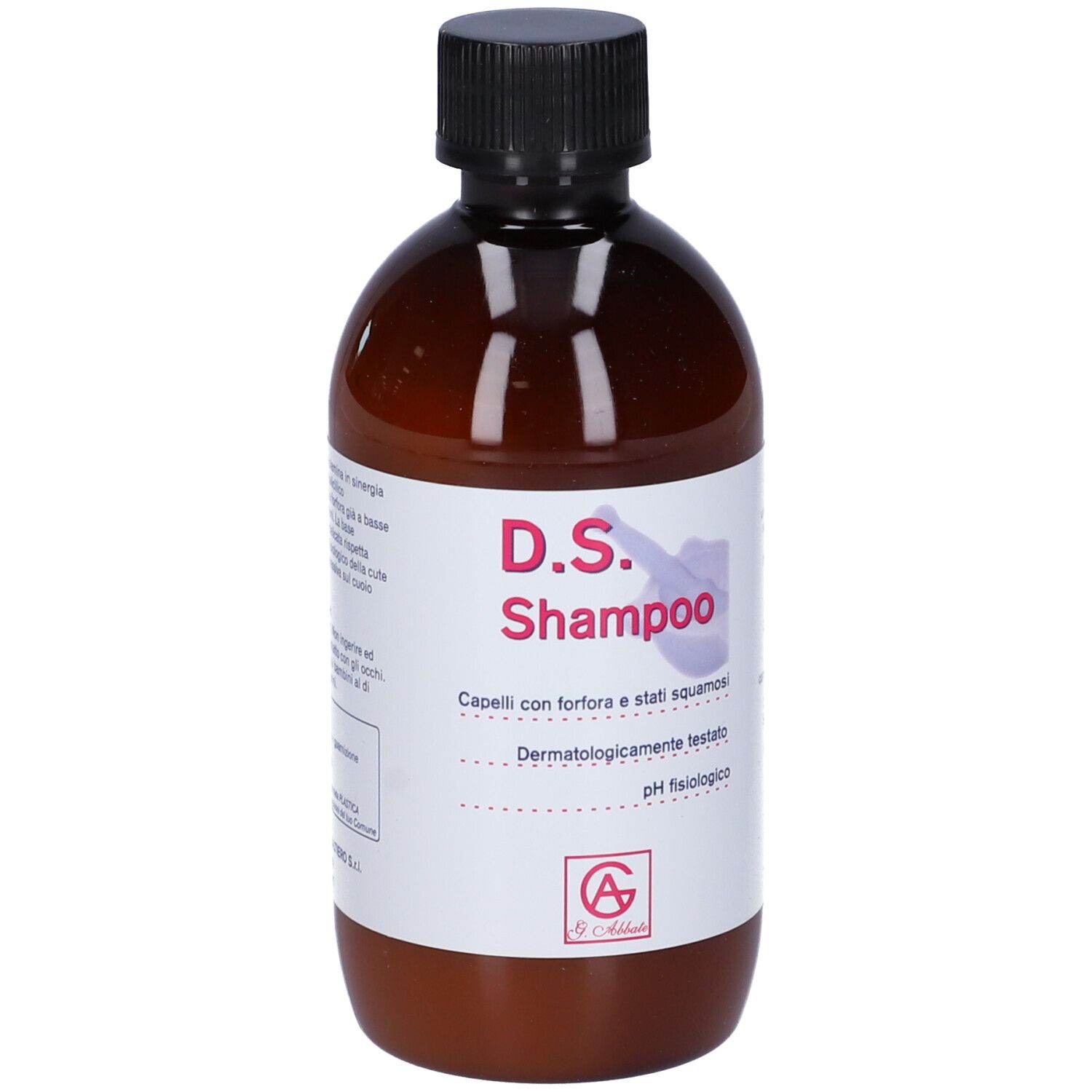 Flacone marrone con tappo nero. Etichetta con testo: D.S. Shampoo. Per forfora e stati squamosi. Dermatologicamente testato.