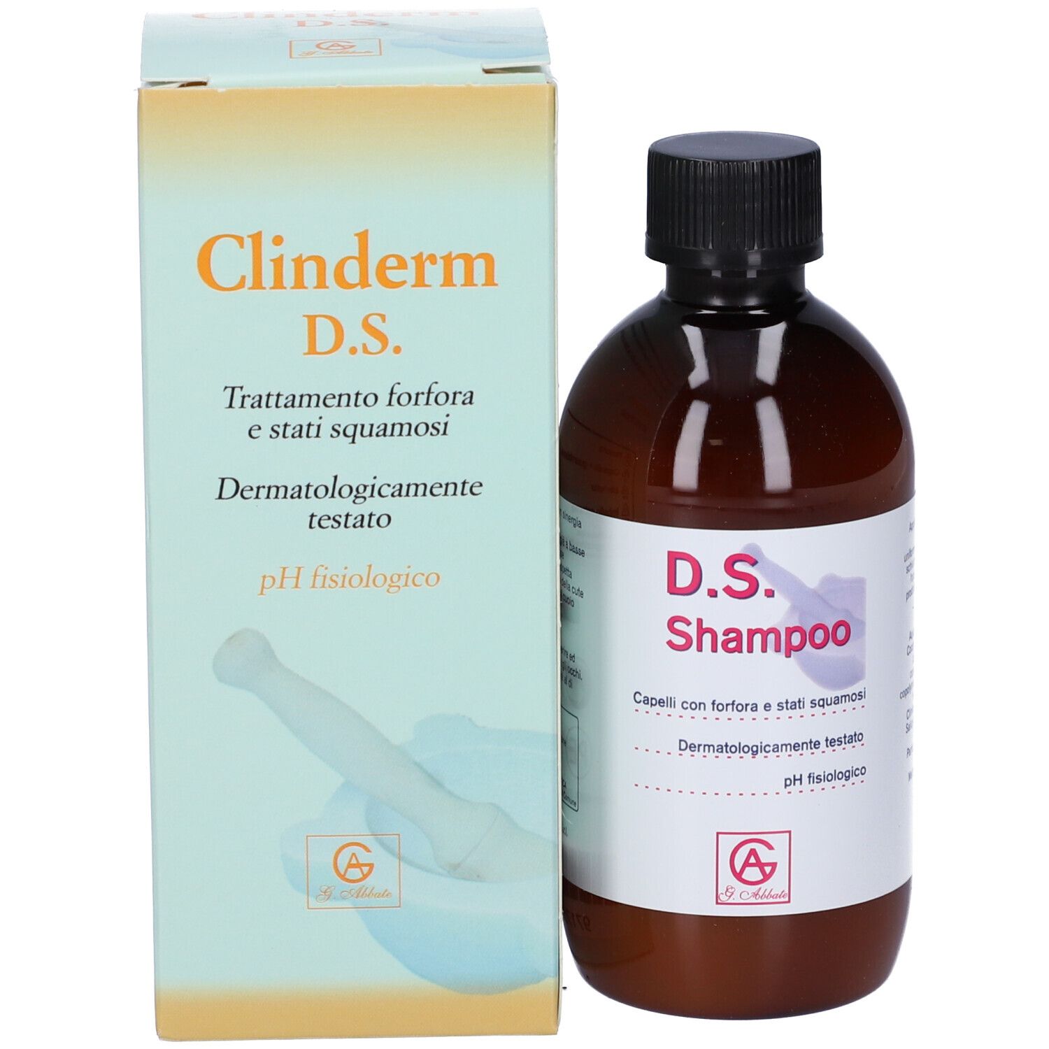 Confezione e flacone del prodotto. Scatola con testo: Clinderm D.S. Shampoo. Flacone con tappo nero ed etichetta.