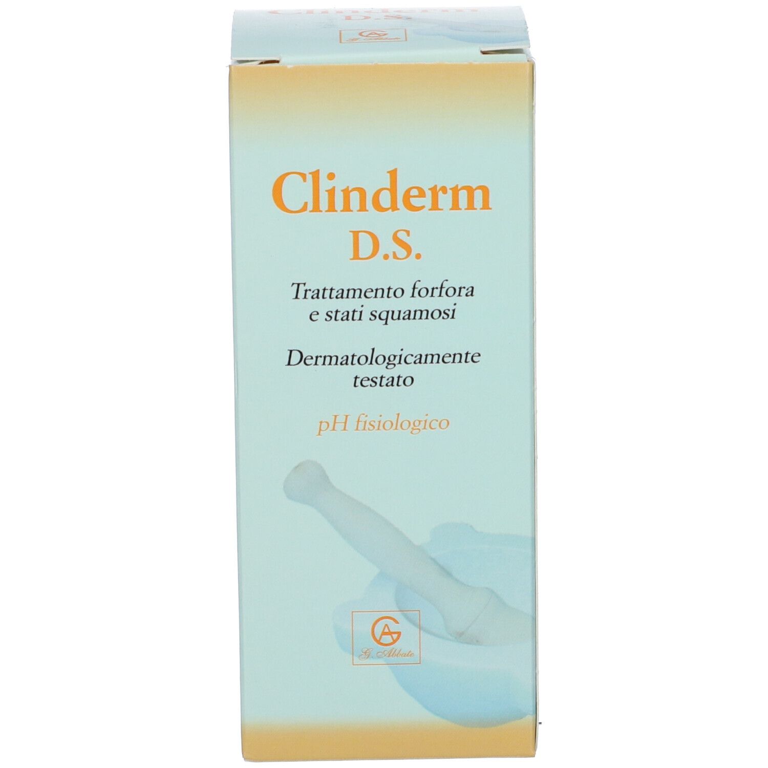 Confezione del prodotto. Scatola con testo: Clinderm D.S. Shampoo. Per forfora e stati squamosi. Dermatologicamente testato.
