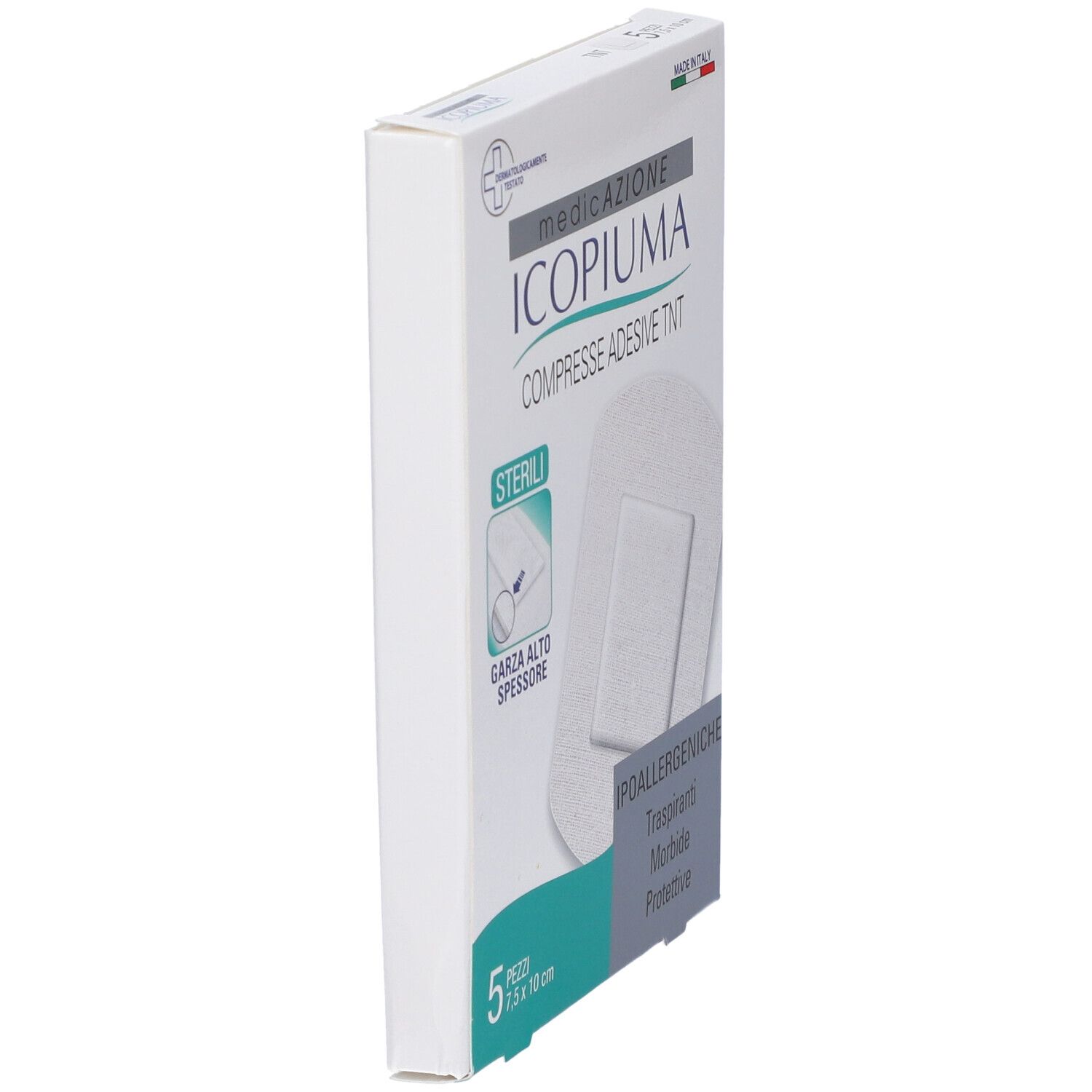Vista laterale della confezione di compresse adesive Icopiuma TNT. 5 pezzi, 7,5 x 10 cm. Sterili. Made in Italy.
