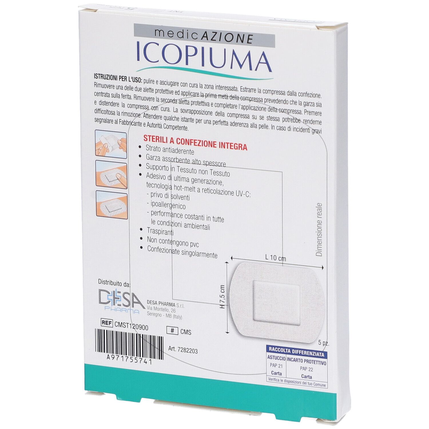 Retro della confezione di compresse Icopiuma. Informazioni sugli ingredienti e dimensioni: 7,5 x 10 cm. Sterili, ipoallergeniche.