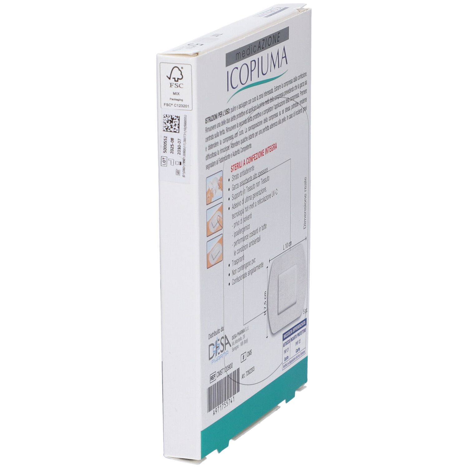 Vista laterale della confezione di compresse Icopiuma. Informazioni sugli ingredienti e dimensioni: 7,5 x 10 cm. Sterili, ipoallergeniche.