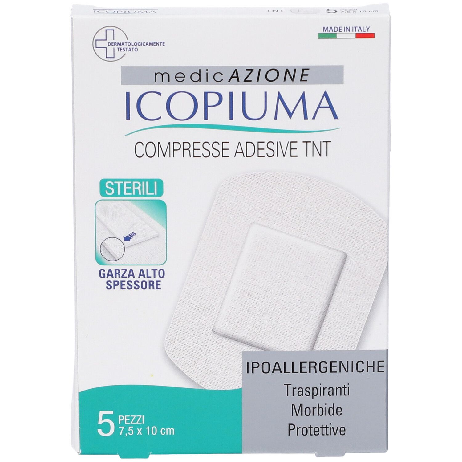 Confezione di compresse adesive Icopiuma TNT. 5 pezzi, 7,5 x 10 cm. Testato dermatologicamente. Sterili. Made in Italy.