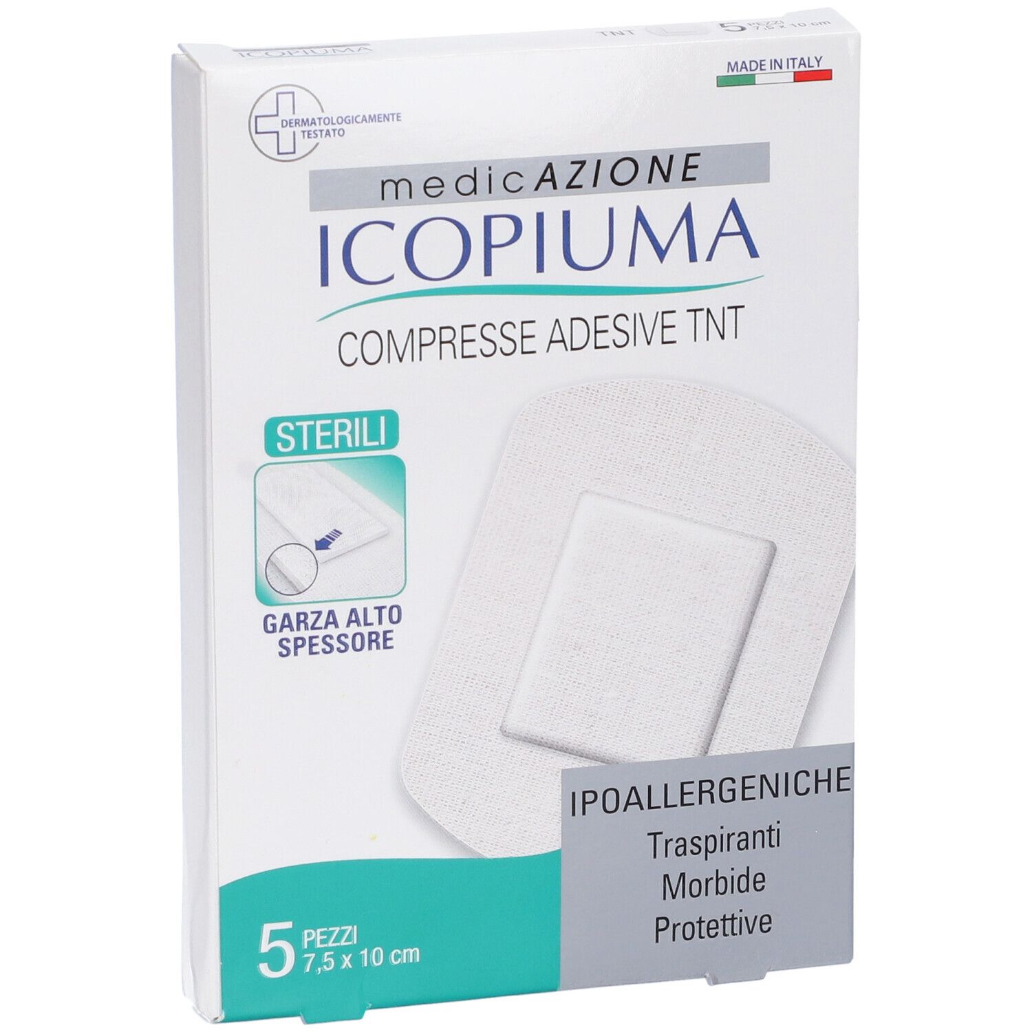 Confezione di compresse adesive Icopiuma TNT. 5 pezzi, 7,5 x 10 cm. Testato dermatologicamente. Sterili. Made in Italy.