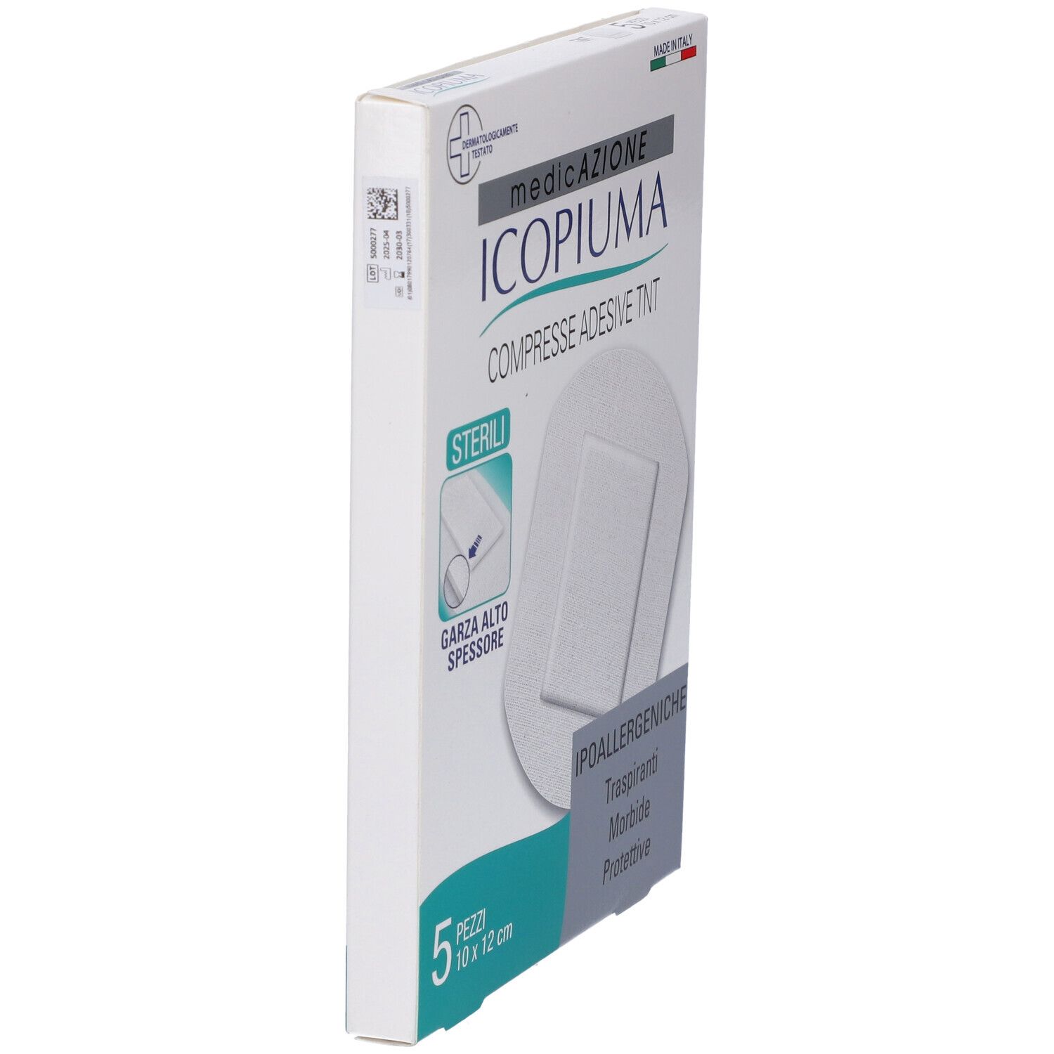 Vista laterale della confezione di compresse sterili. Scritta: ICIOPIUMA. 5 pezzi, 10 x 12 cm.
