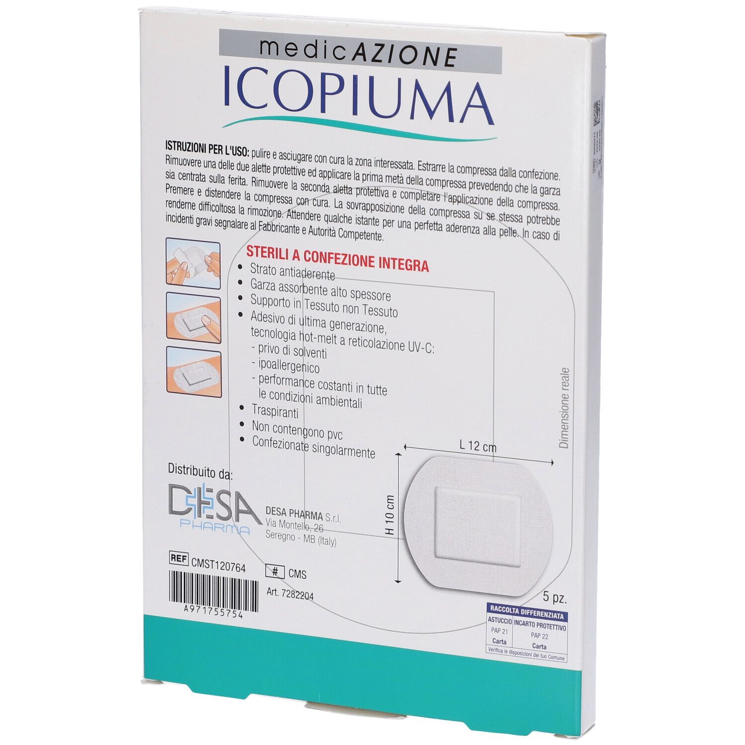 Retro della confezione con informazioni sul prodotto. Compresse raffigurate. Dimensioni: 10 x 12 cm.