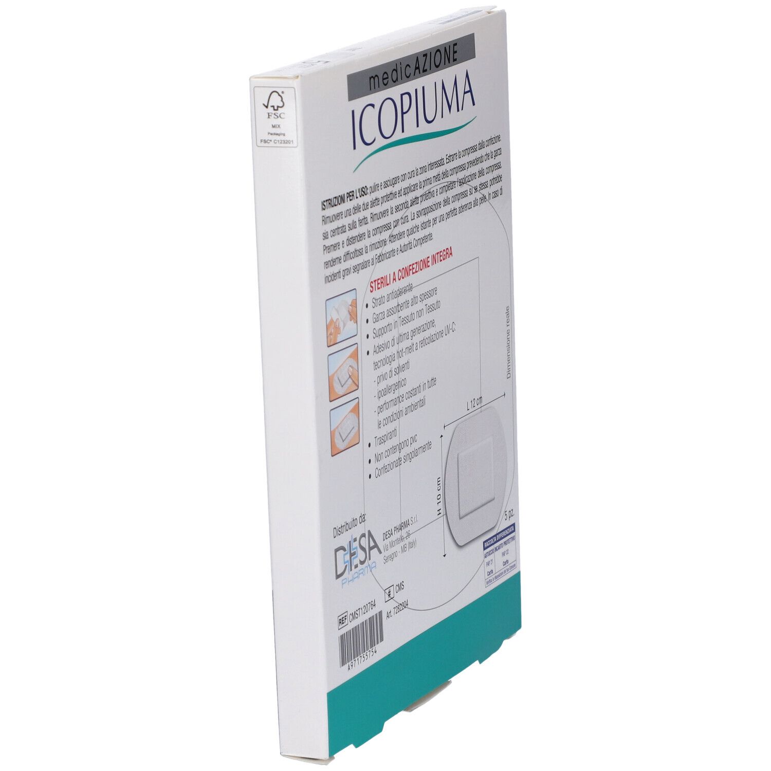 Vista laterale della confezione con informazioni sul prodotto. Compresse raffigurate. Dimensioni: 10 x 12 cm.