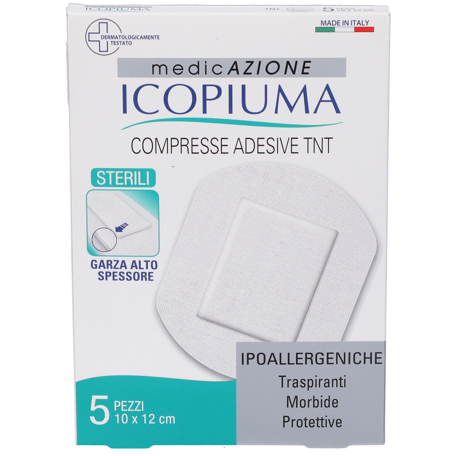 Confezione di compresse adesive sterili. Scritta: ICIOPIUMA, 5 pezzi, 10 x 12 cm. Ipoallergeniche.