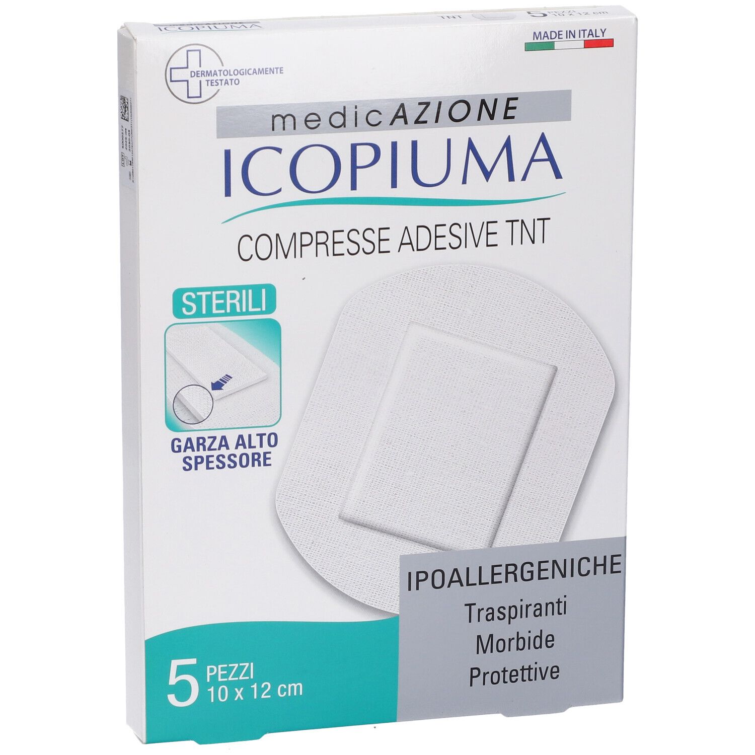 Confezione di compresse adesive sterili. Scritta: ICIOPIUMA, 5 pezzi, 10 x 12 cm. Ipoallergeniche.