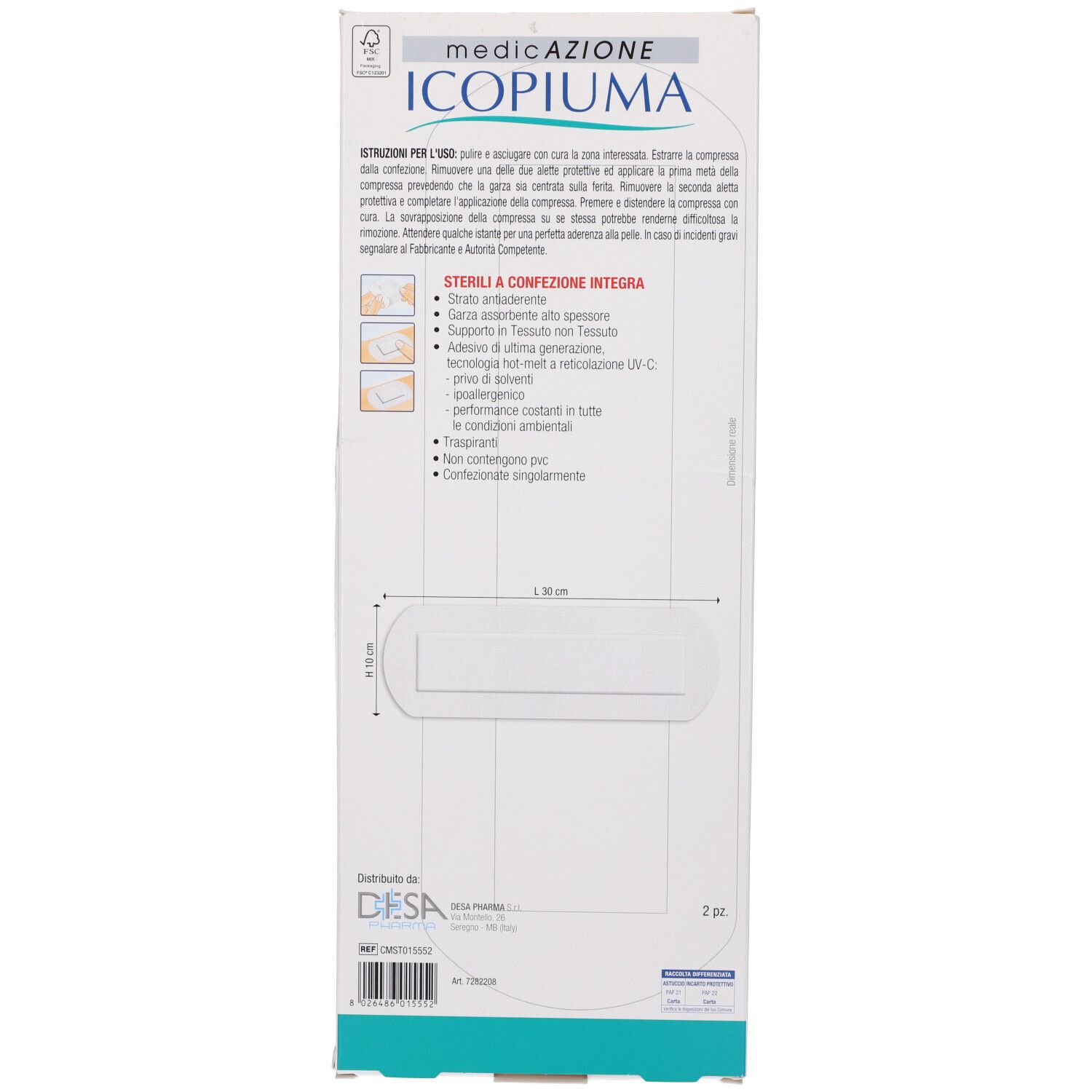 Retro della confezione con informazioni sul prodotto. Mostrata una compressa e i suoi componenti. Dimensioni: 10x30 cm.