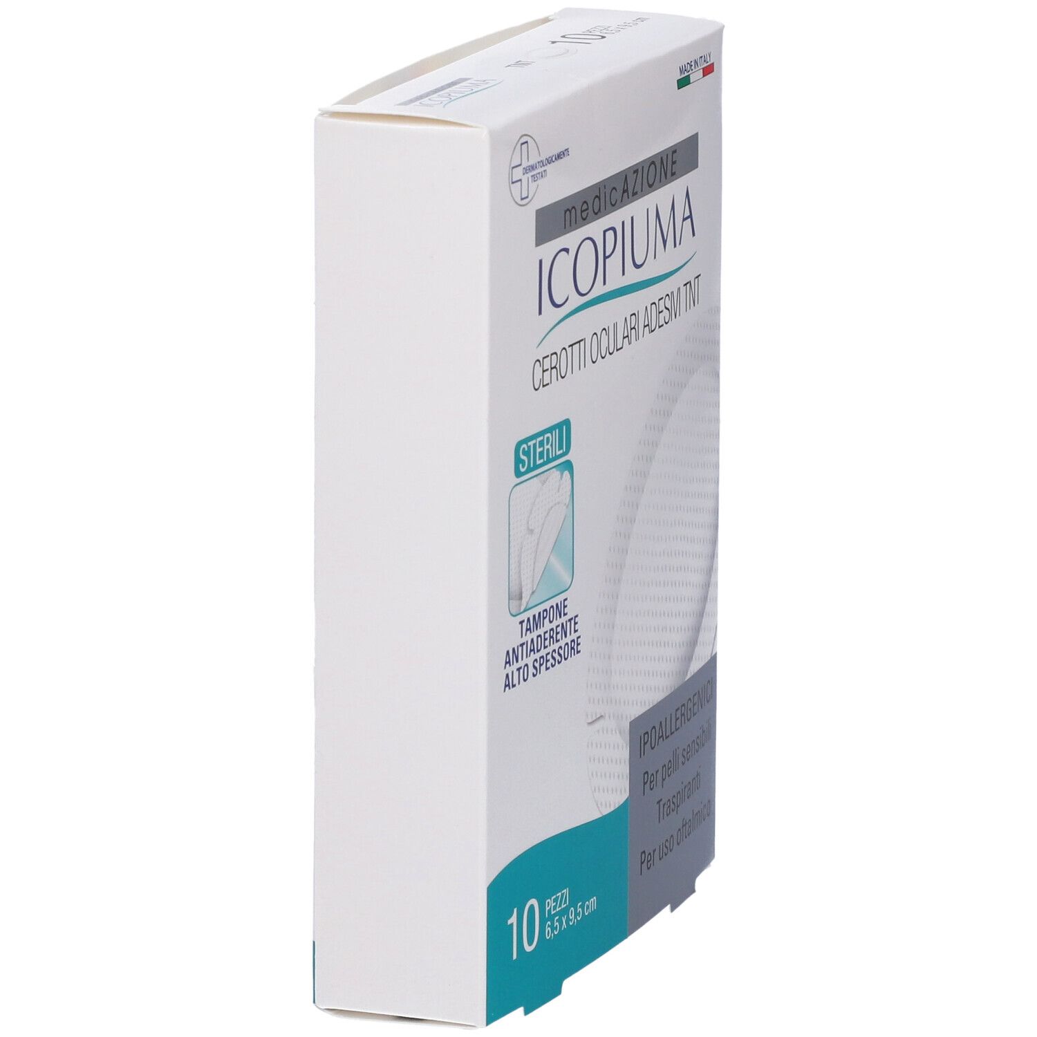 Scatola bianca con scritta ICIOPIUMA. Contiene 10 cerotti oculari adesivi sterili. Vista laterale.
