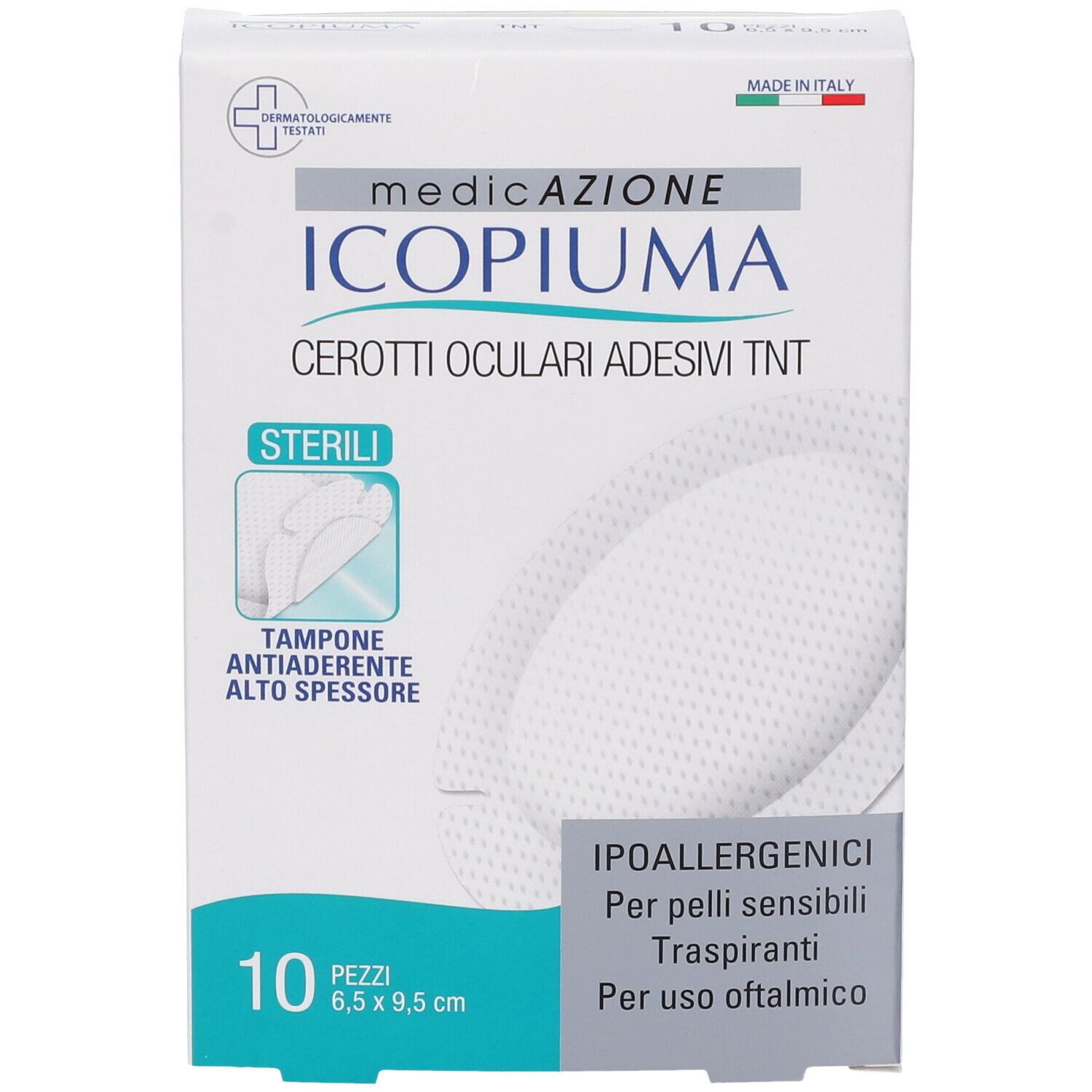 Confezione da 10 cerotti oculari sterili, ipoallergenici e traspiranti (6,5 x 9,5 cm) per pelli sensibili.