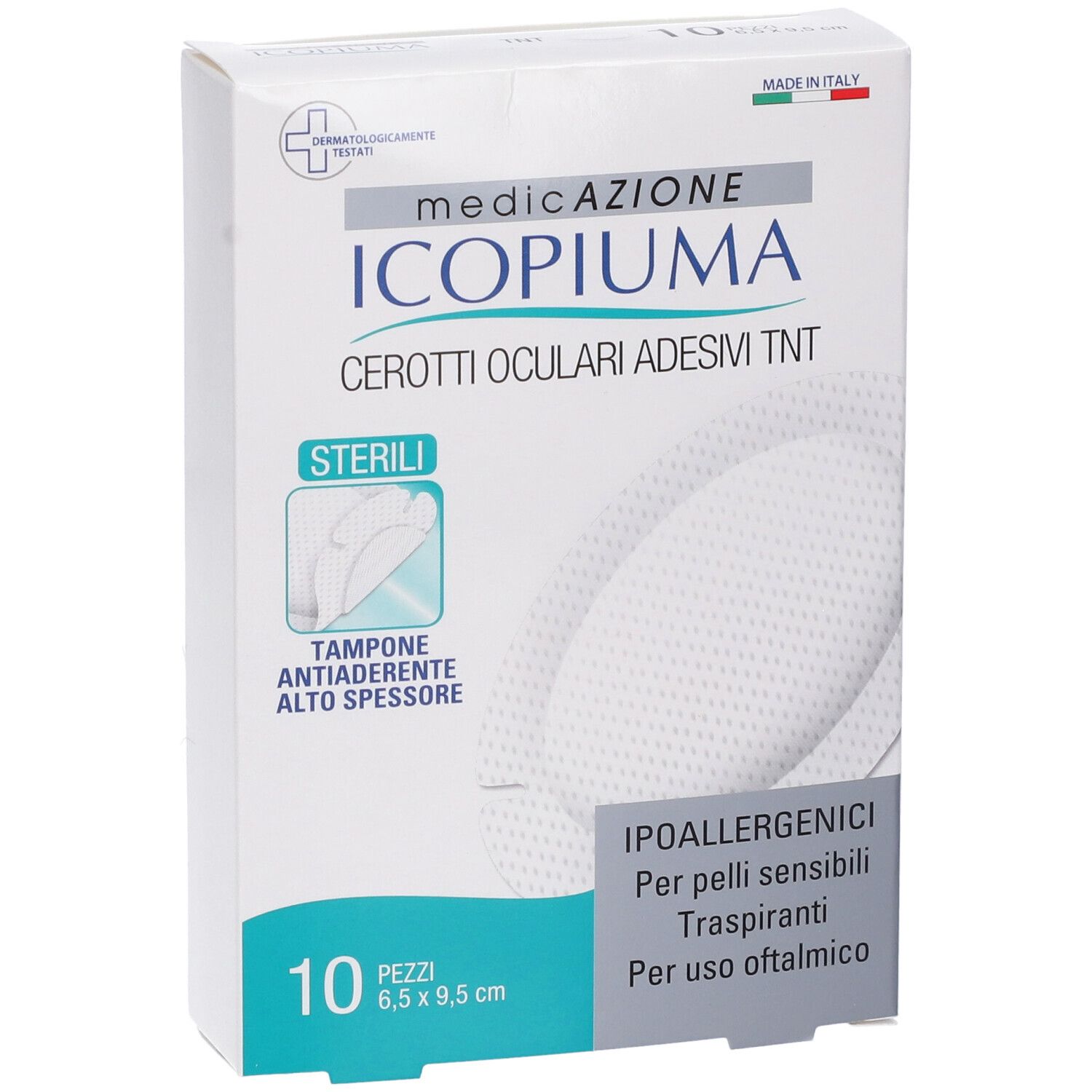 Confezione di 10 cerotti oculari adesivi sterili. Scritta: ICIOPIUMA, 6,5 x 9,5 cm. Per pelli sensibili.