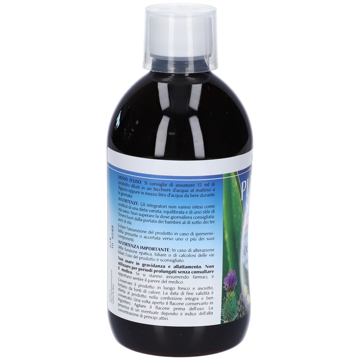 Vista posteriore della bottiglia. Etichetta con testo in italiano. Contiene informazioni sull'uso e sugli ingredienti.