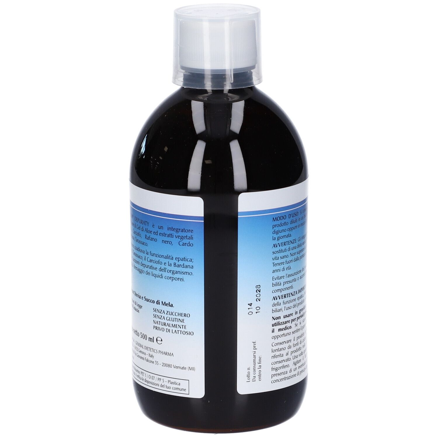 Vista posteriore della bottiglia. Etichetta con testo in italiano. Contiene informazioni sugli ingredienti e la durata.