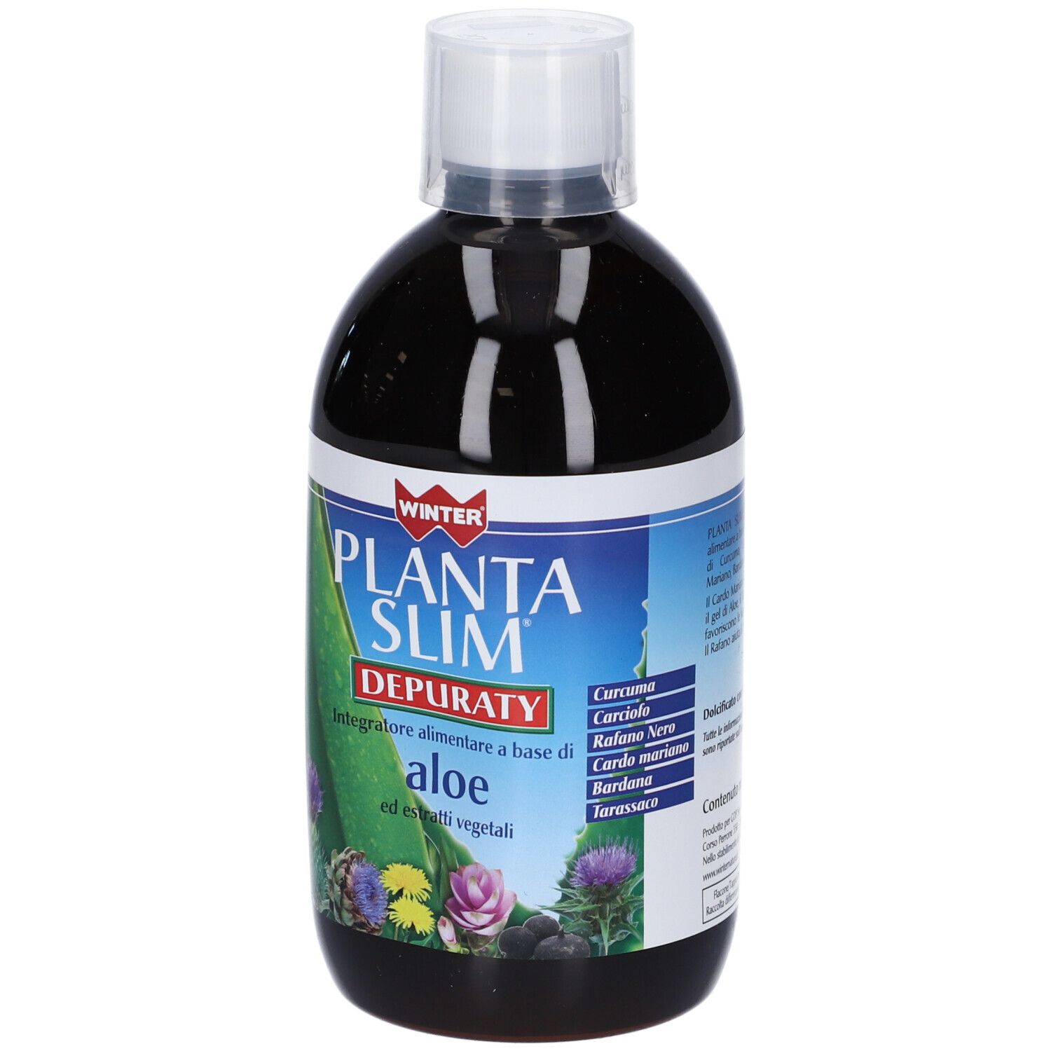 Liquido marrone in bottiglia con tappo bianco. Etichetta con nome del prodotto, immagine di aloe vera e illustrazioni floreali.