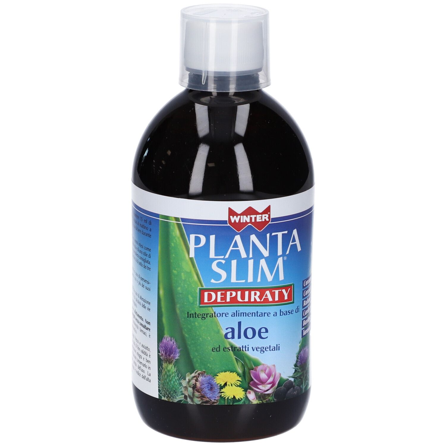 Liquido marrone in bottiglia con tappo bianco. Etichetta con nome del prodotto, immagine di aloe vera e illustrazioni floreali.