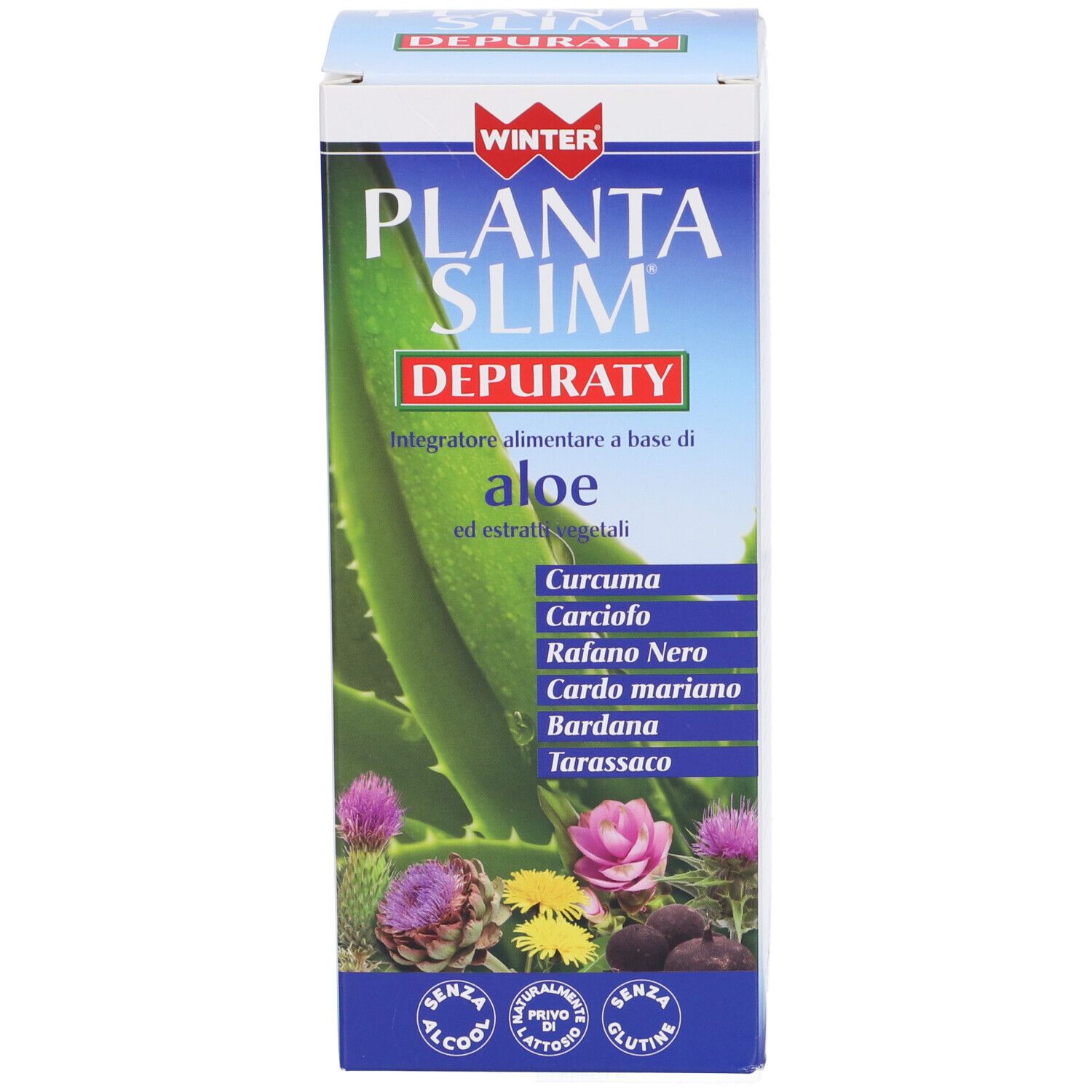Scatola con nome del prodotto, immagine di aloe vera e ingredienti. Contiene informazioni in italiano.