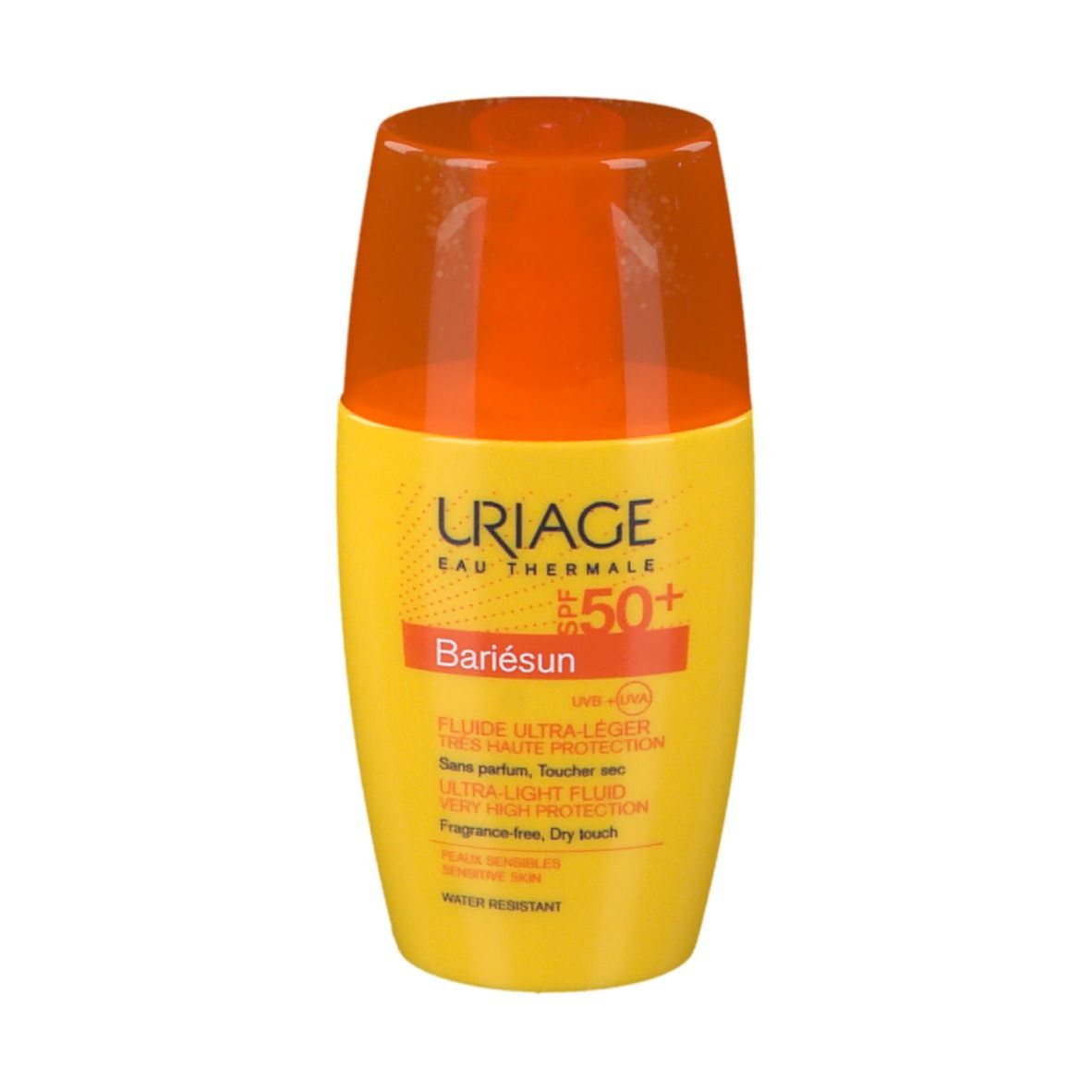 Flacone giallo con tappo arancione. Scritta: URIAGE, SPF 50+, Bariésun. Fluido ultra-leggero, protezione molto alta.