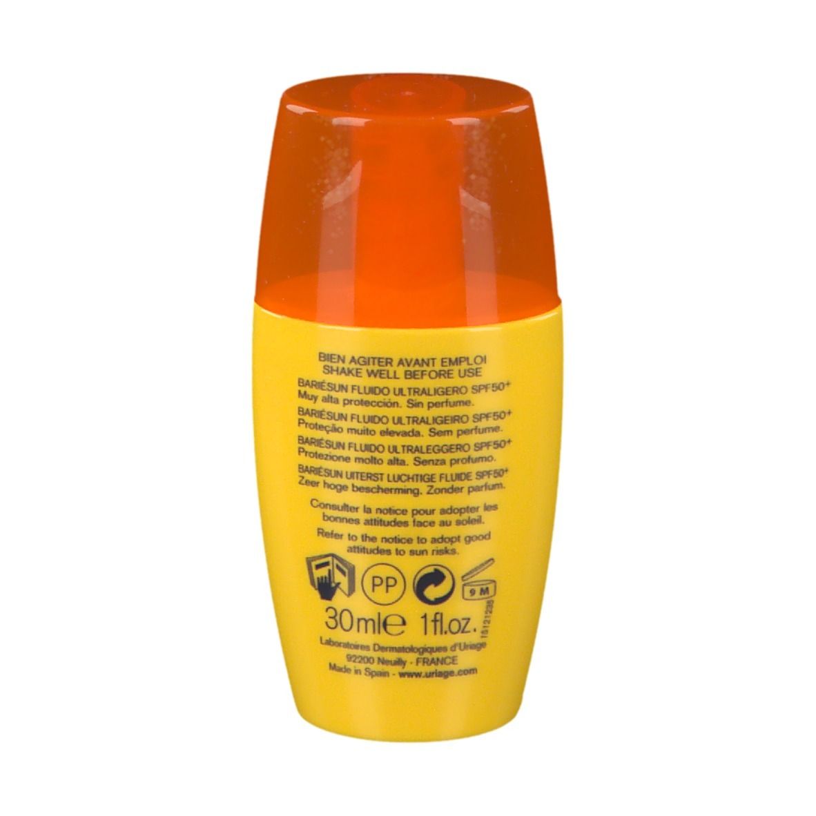 Retro del flacone giallo. Scritta: Bariésun Fluido Ultraleggero SPF50+, 30ml, istruzioni per l'uso, ingredienti.