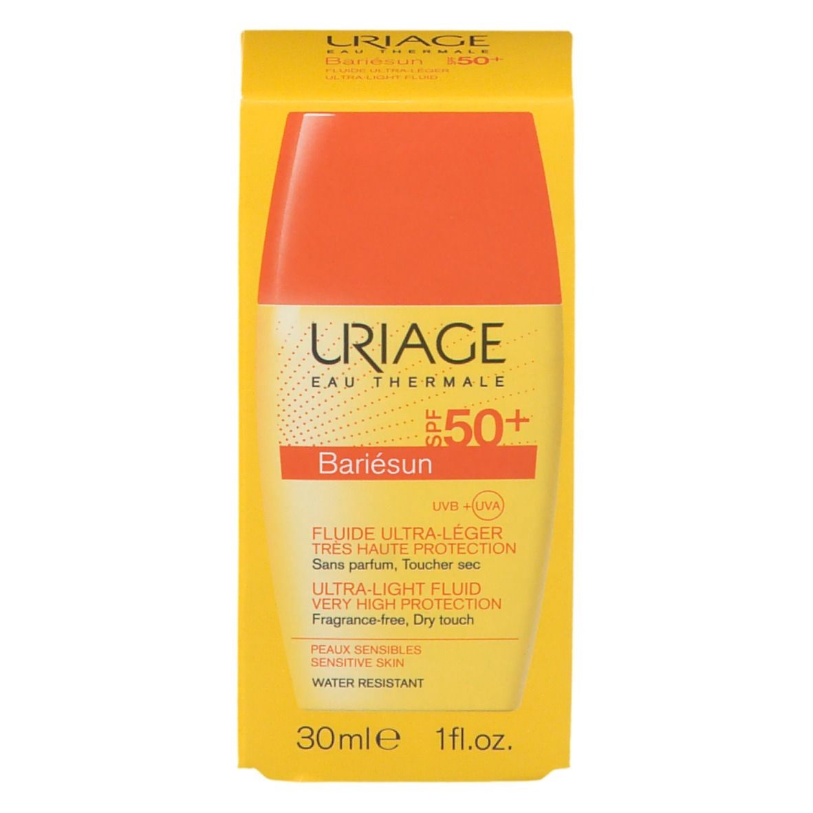 Confezione gialla con flacone. Scritta: URIAGE, SPF 50+, Bariésun. Fluido ultra-leggero, protezione molto alta, 30ml.