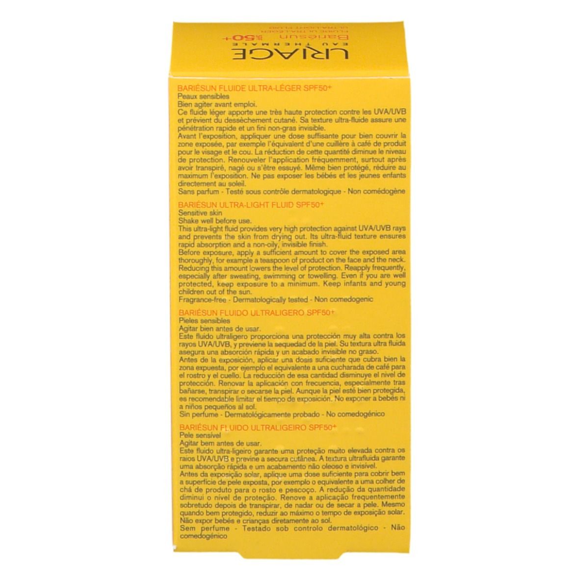 Confezione gialla. Scritta: Bariésun Fluido Ultraleggero SPF50+, informazioni per l'uso, ingredienti, 30ml.