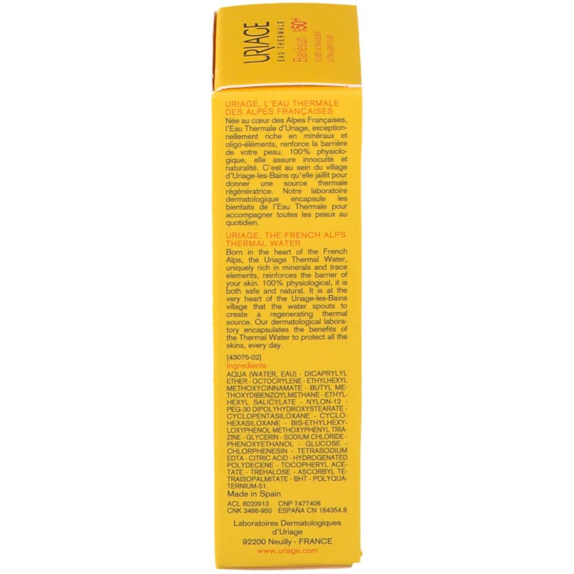 Confezione gialla. Scritta: URIAGE, informazioni sull'acqua termale, ingredienti, prodotto in Spagna.
